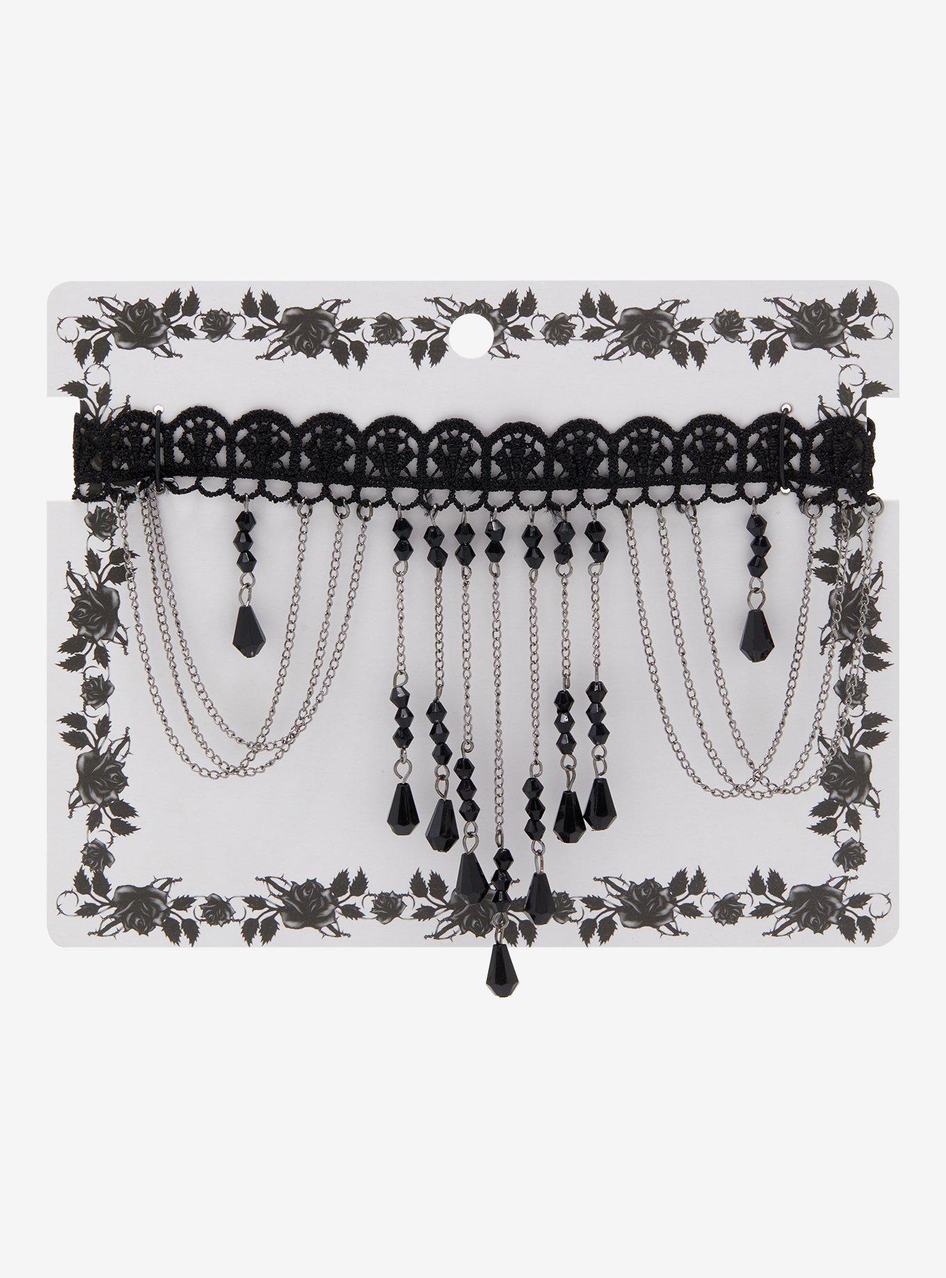 Black Lace Dangling Gem Choker, , hi-res