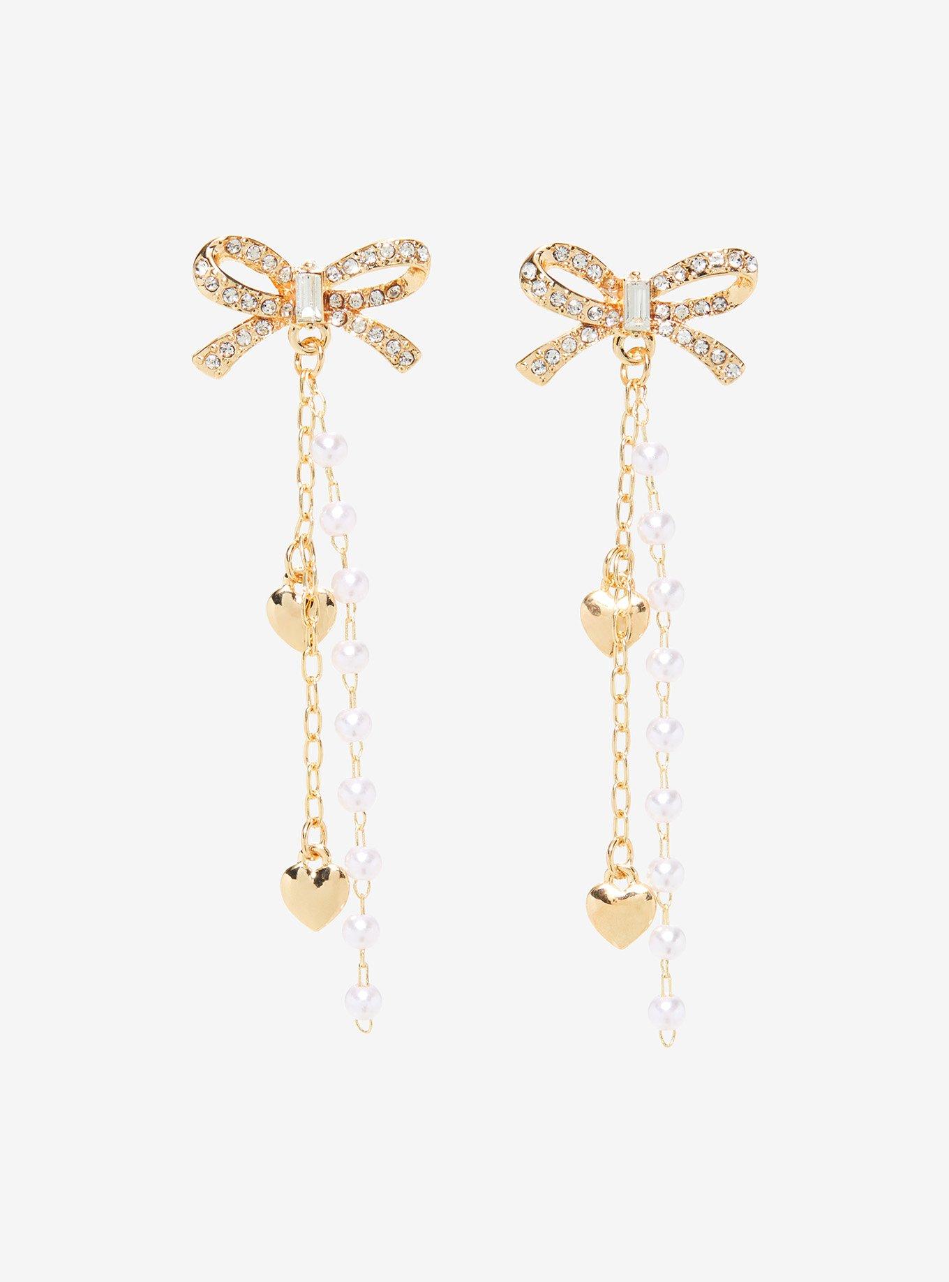 Gold Bow Pearl Drop Earrings, , hi-res
