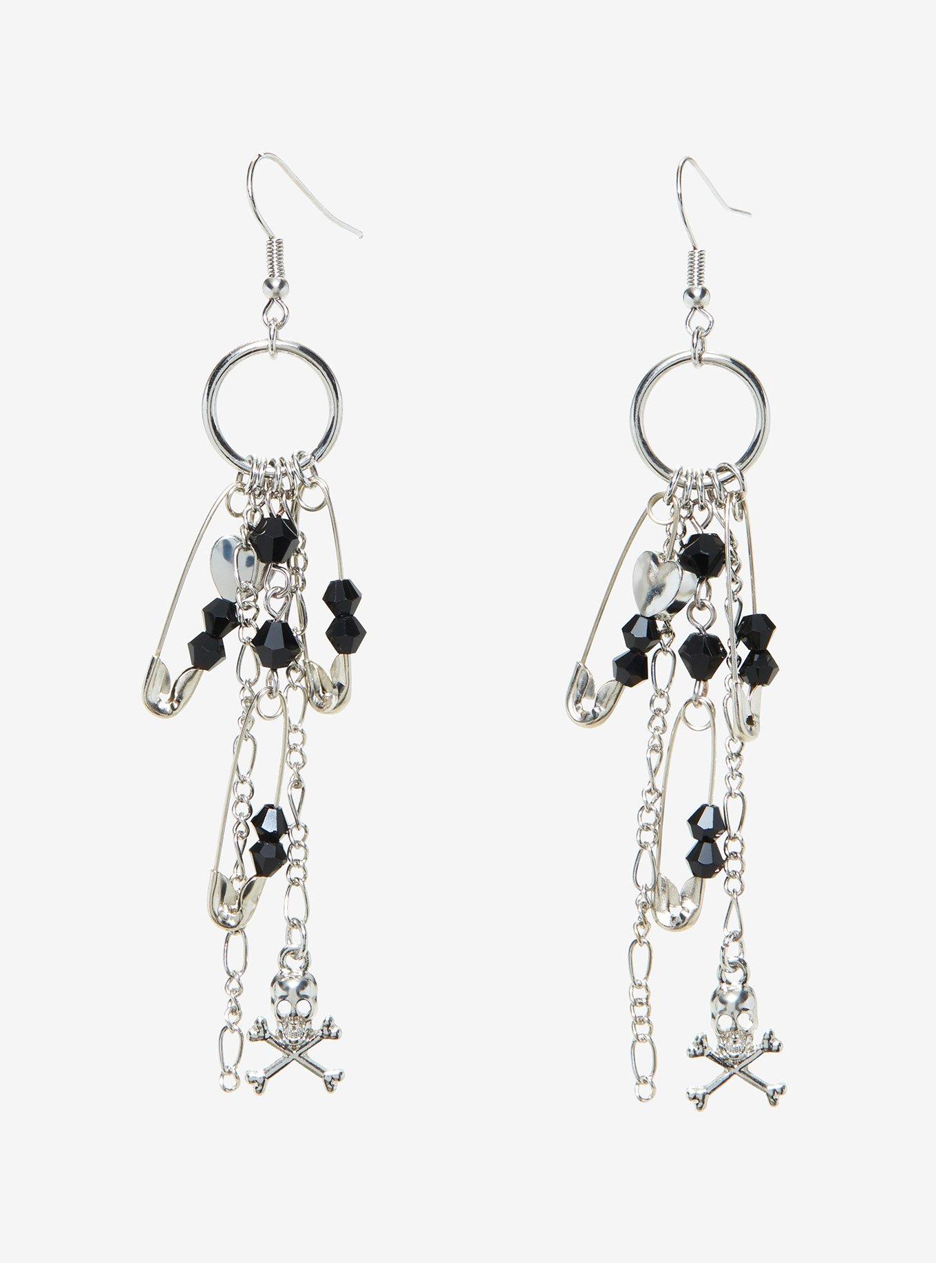 Skull Safety Pin Drop Earrings, , hi-res