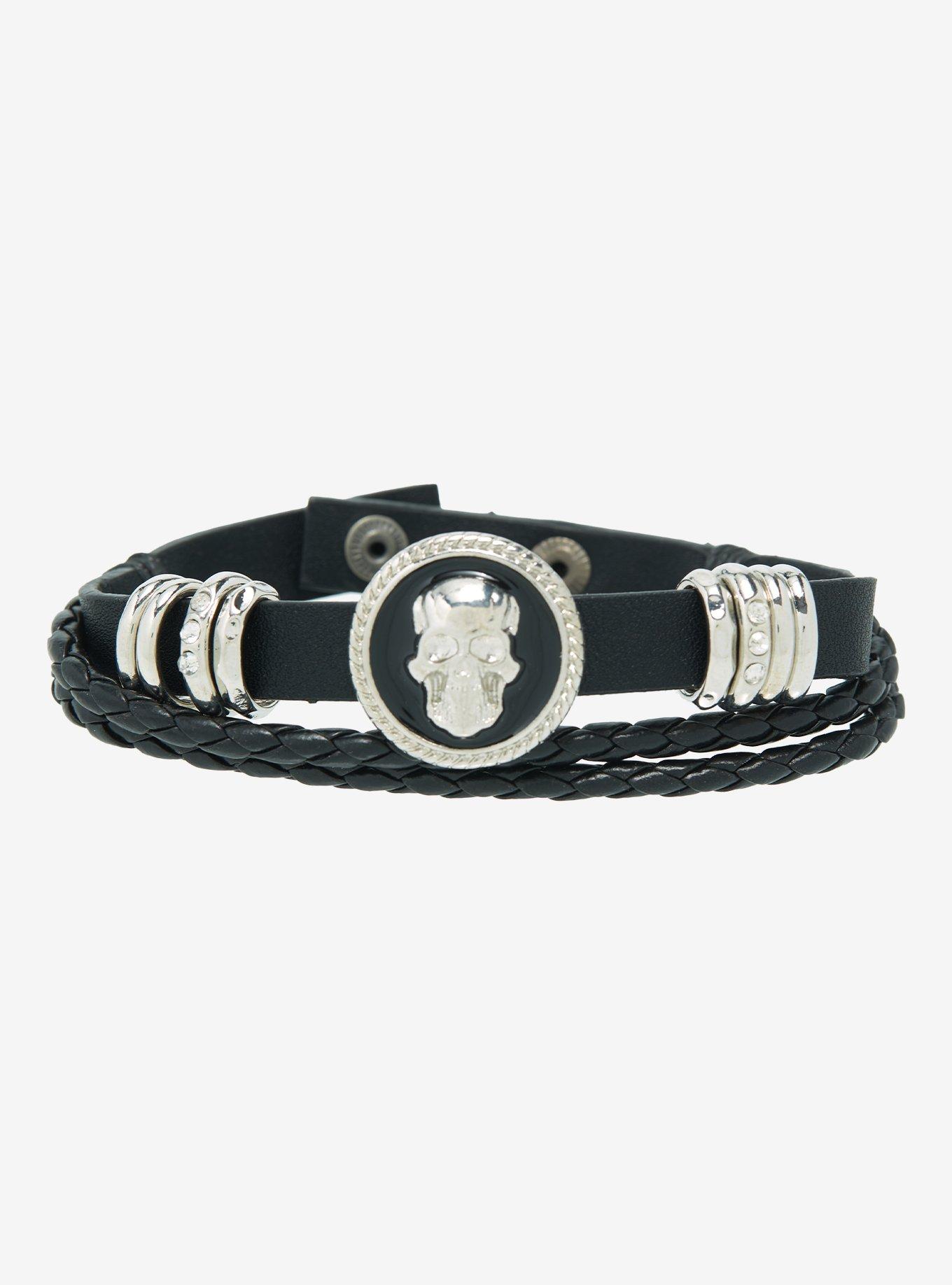 Skull Braided Cord Faux Leather Bracelet, , hi-res