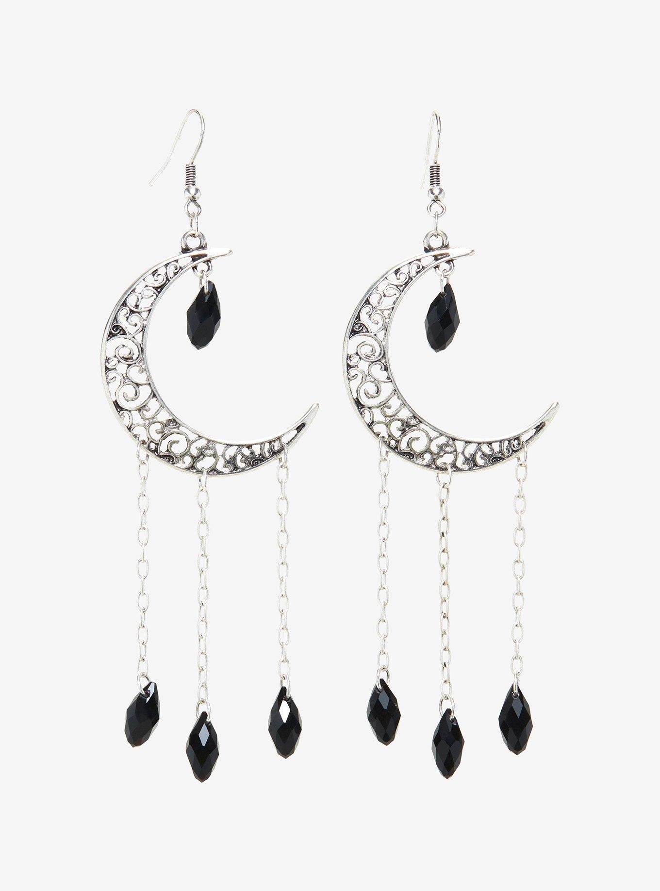 Filigree Crescent Moon Black Gem Earrings | Hot Topic