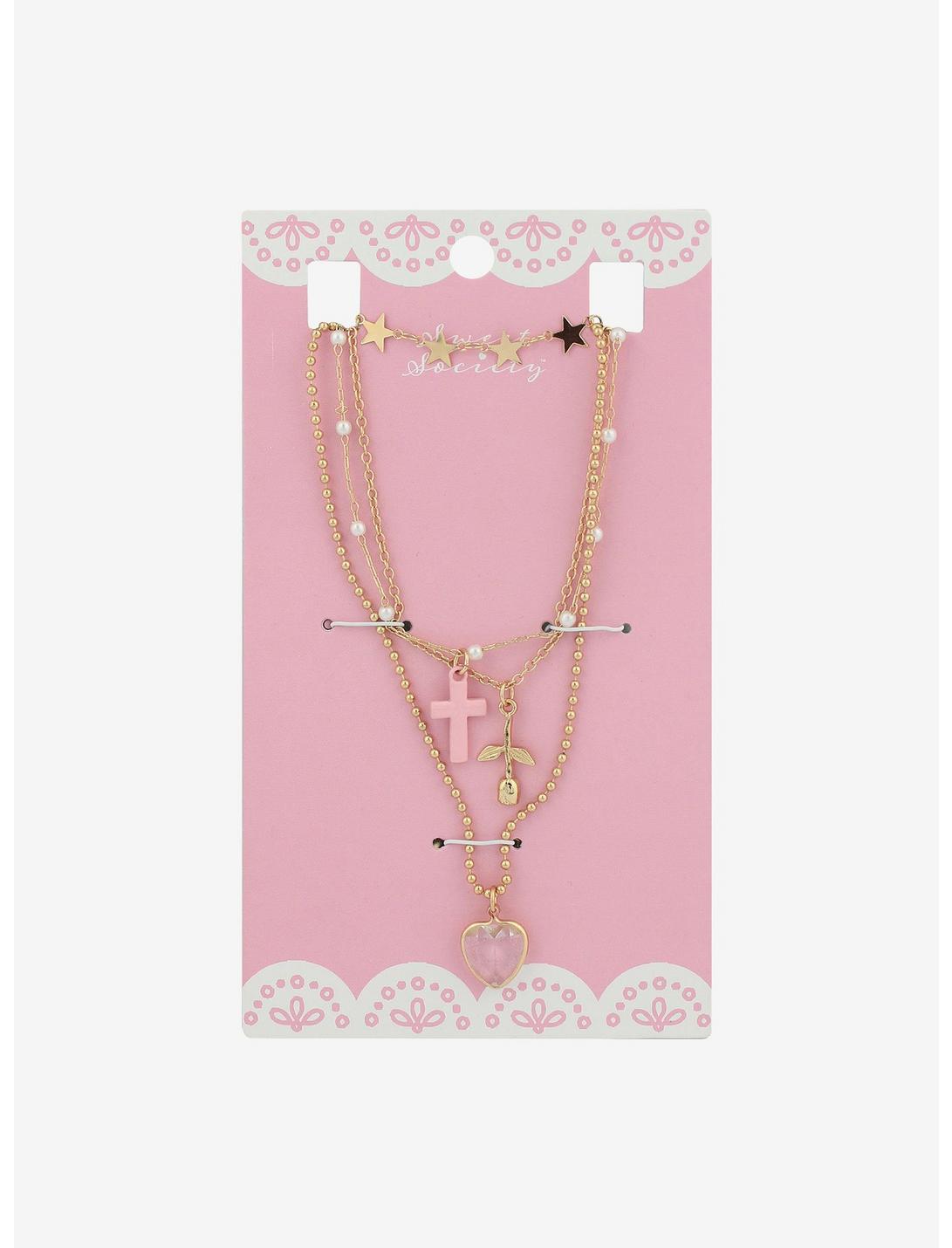 Sweet Society Pink Cross Rose Necklace Set, , hi-res