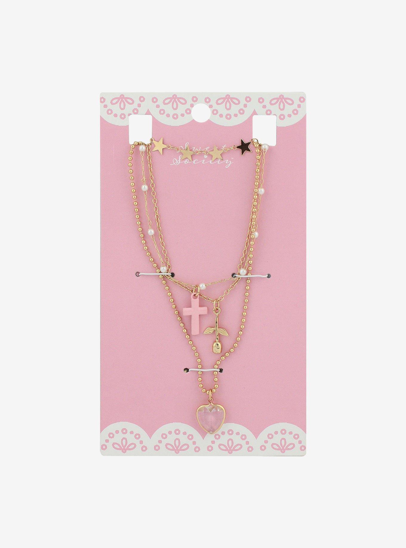 Sweet Society Pink Cross Rose Necklace Set, , hi-res