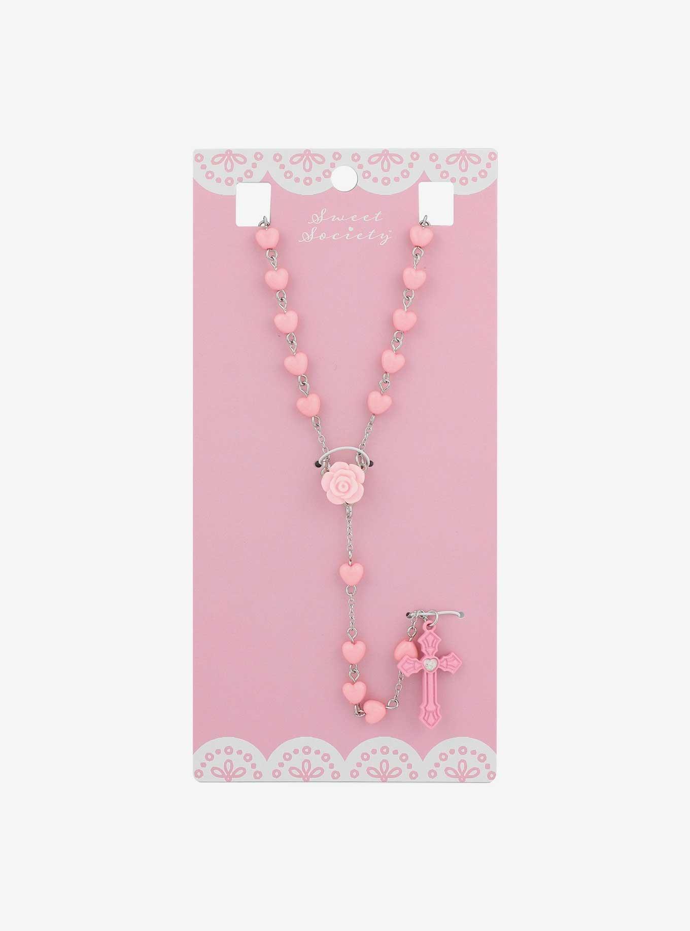 Sweet Society Pink Heart Rosary Necklace, , hi-res
