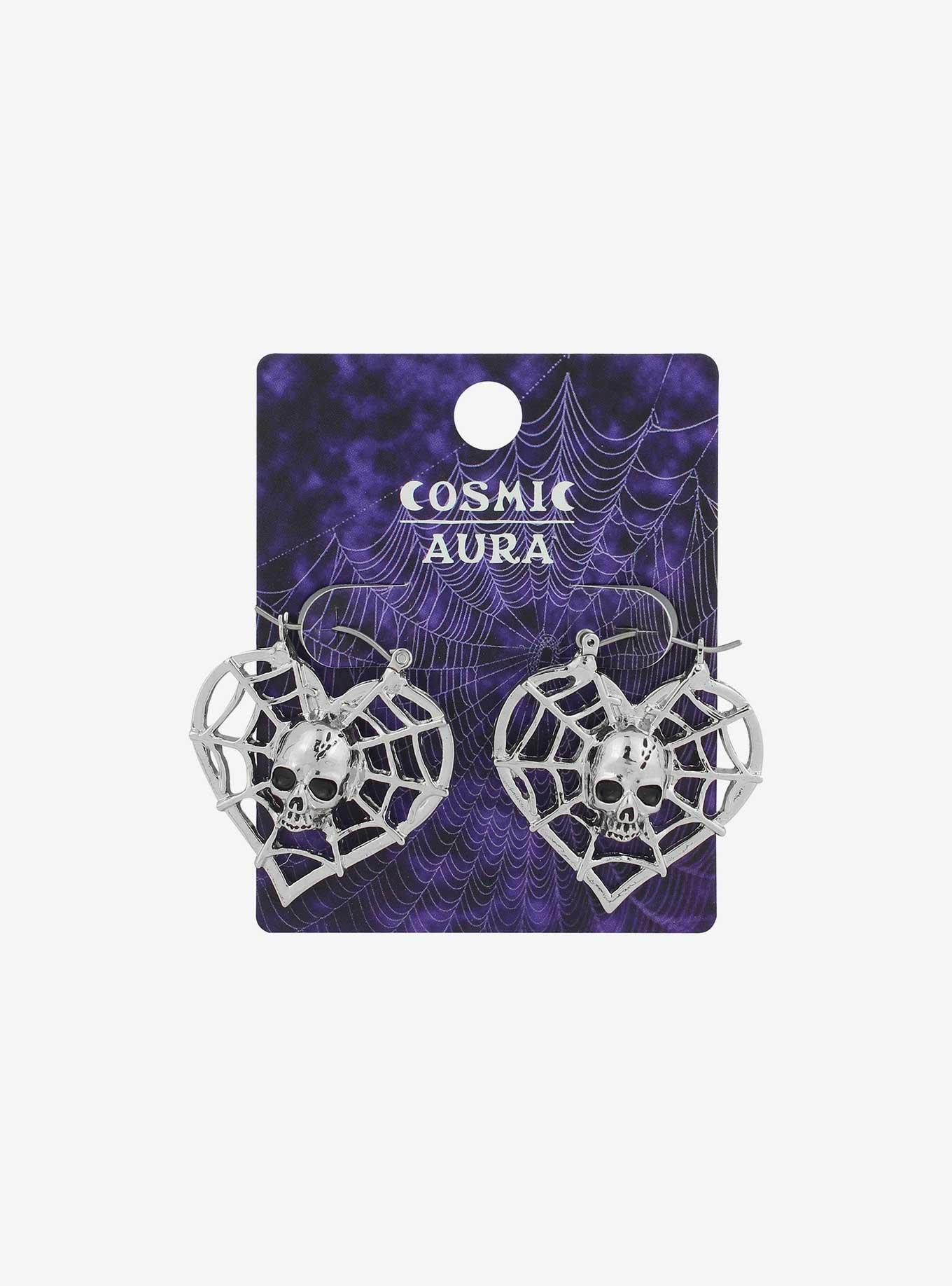 Cosmic Aura Heart Spiderweb Hoop Earrings, , hi-res