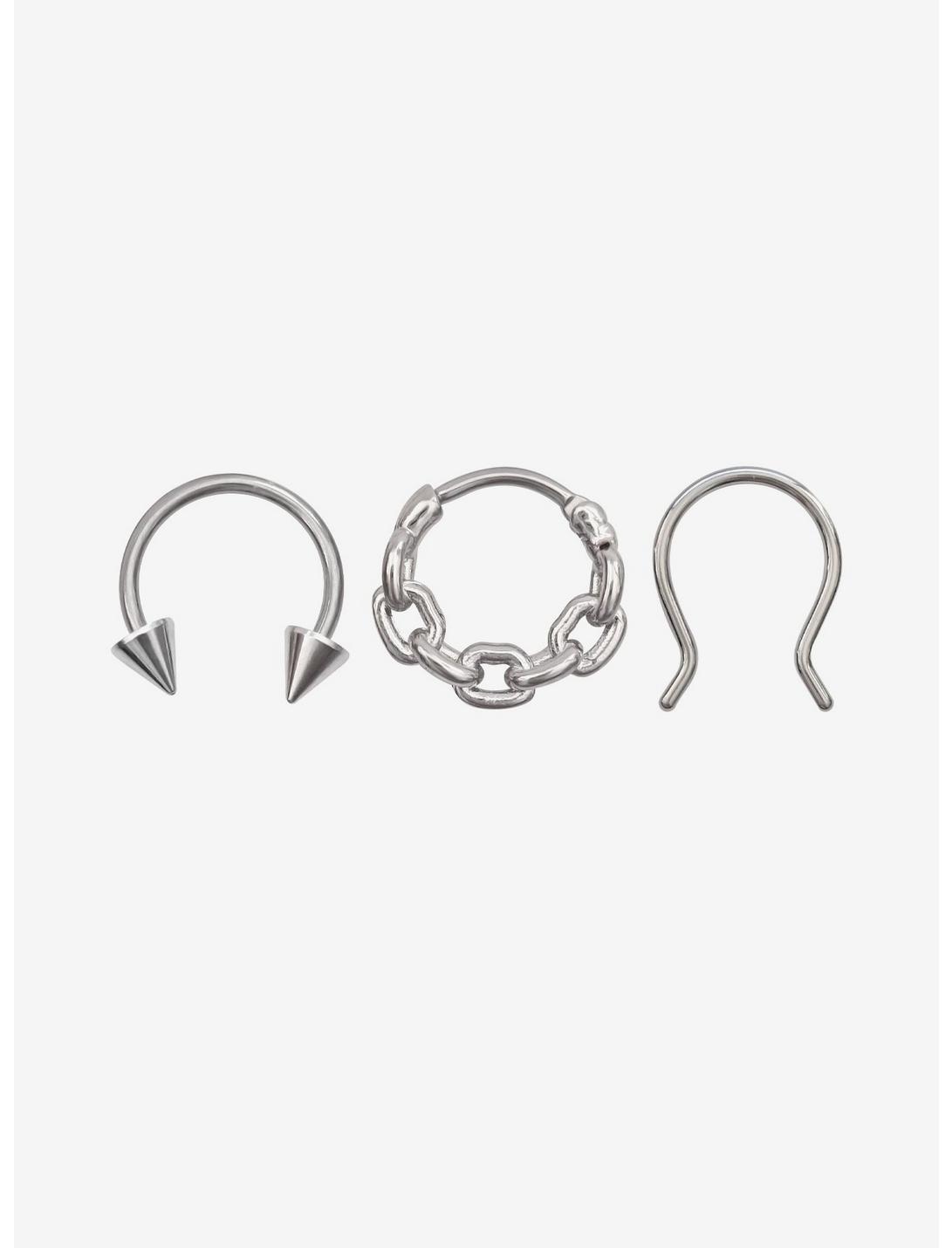 Steel Chain Cone Septum Clicker & Barbell 3 Pack, SILVER, hi-res