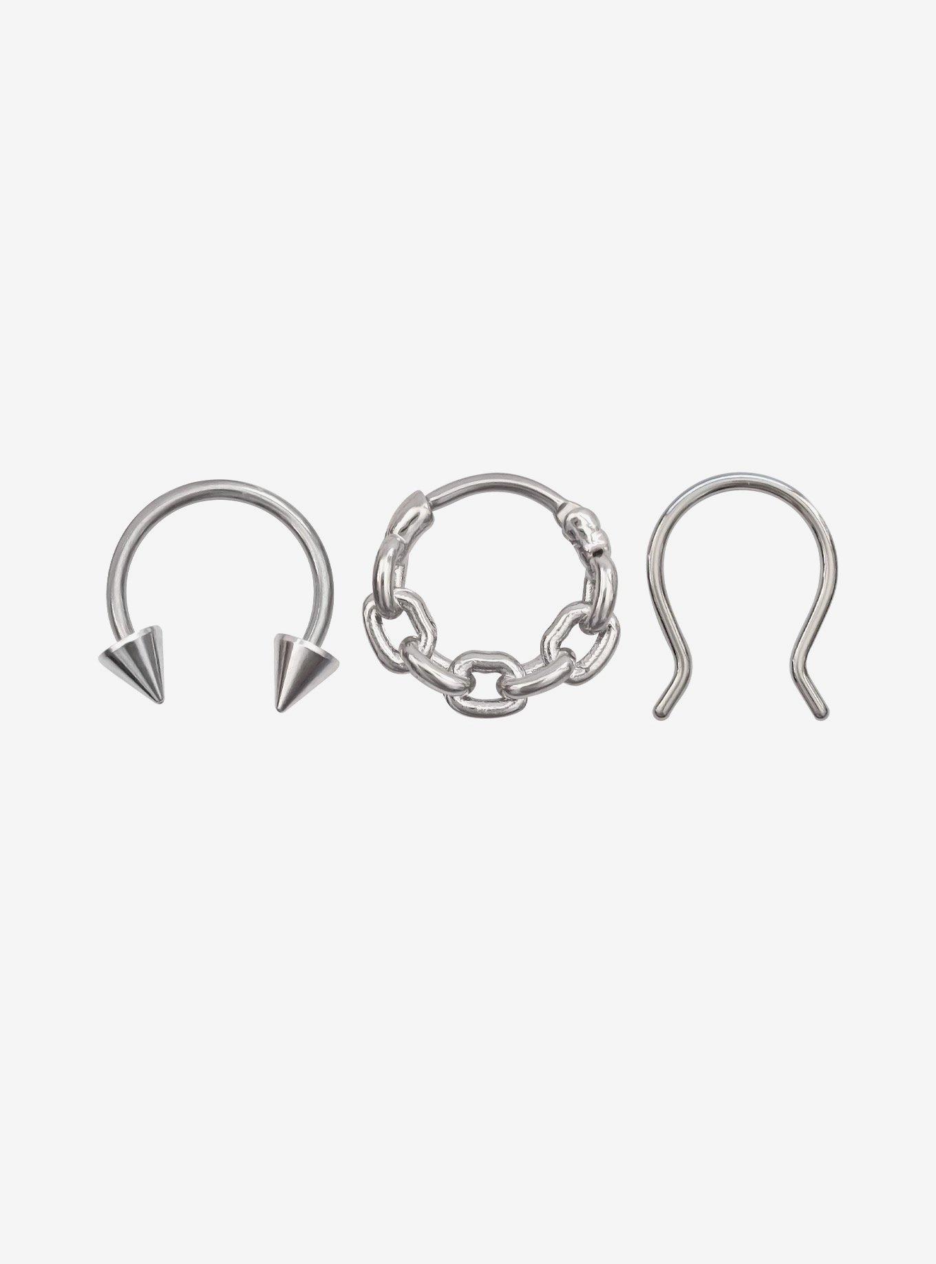 Steel Chain Cone Septum Clicker & Barbell 3 Pack, SILVER, hi-res