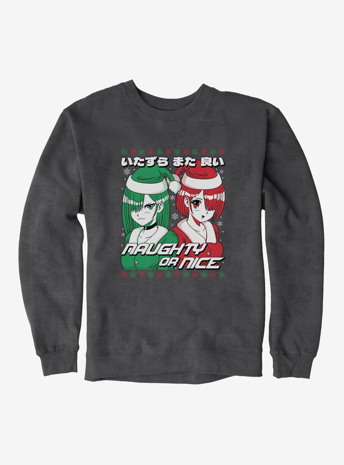 Christmas Anime Naughty Or Nice Sweatshirt, CHARCOAL HEATHER, hi-res