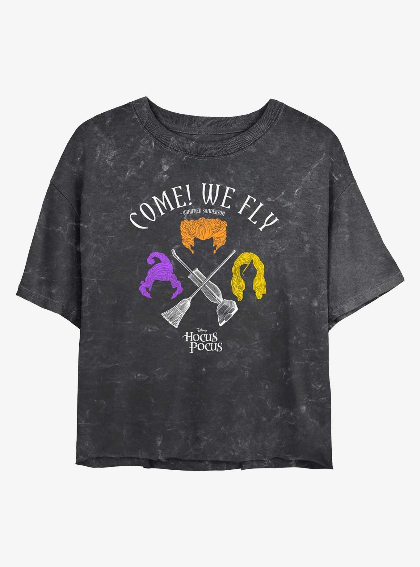 Disney Hocus Pocus We Fly Crossed Broom & Vaccum Mineral Wash Womens Crop T-Shirt, BLACK, hi-res