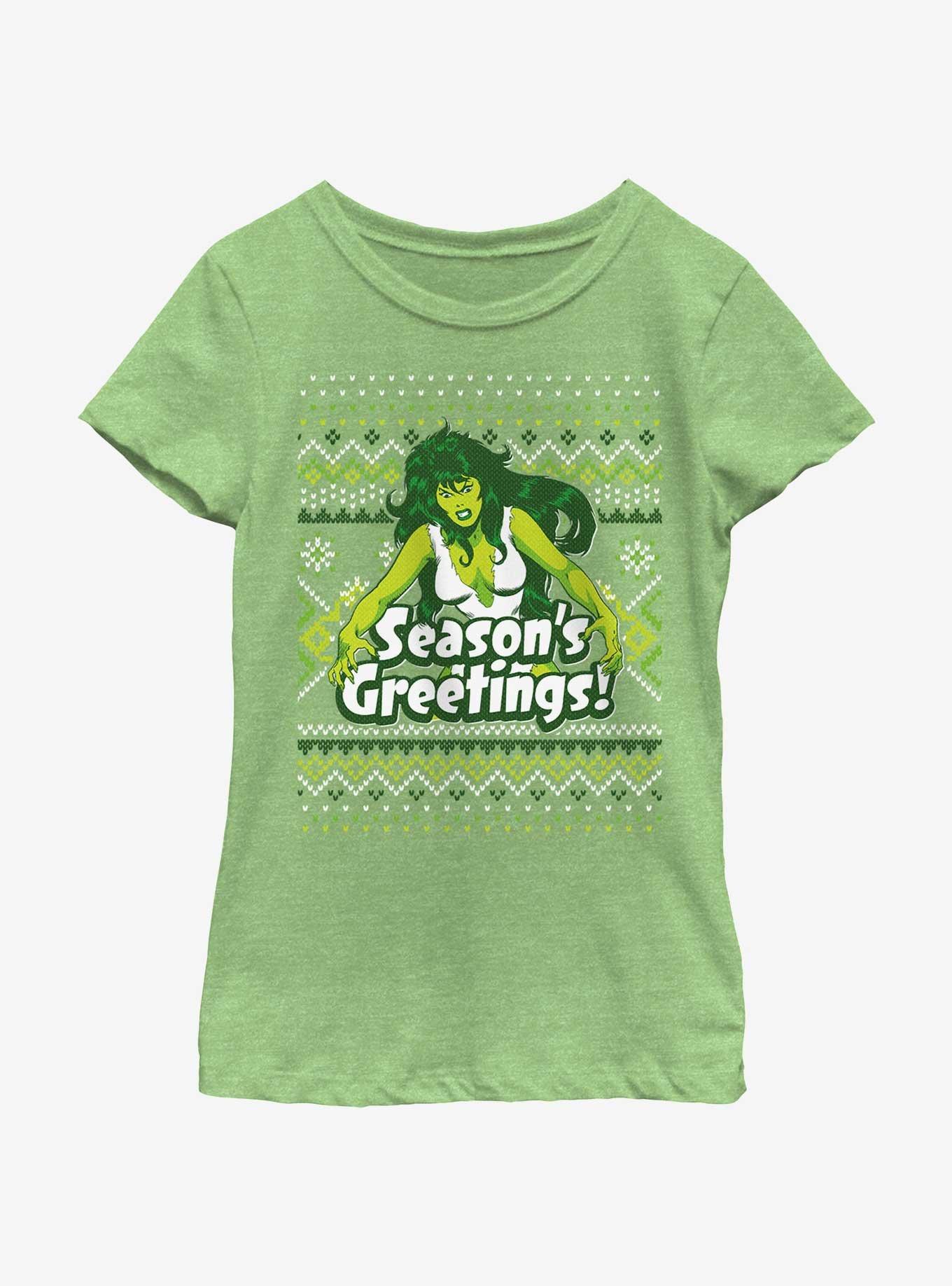 Marvel She-Hulk Season's Greetings Ugly Christmas Youth Girls T-Shirt, GRN APPLE, hi-res