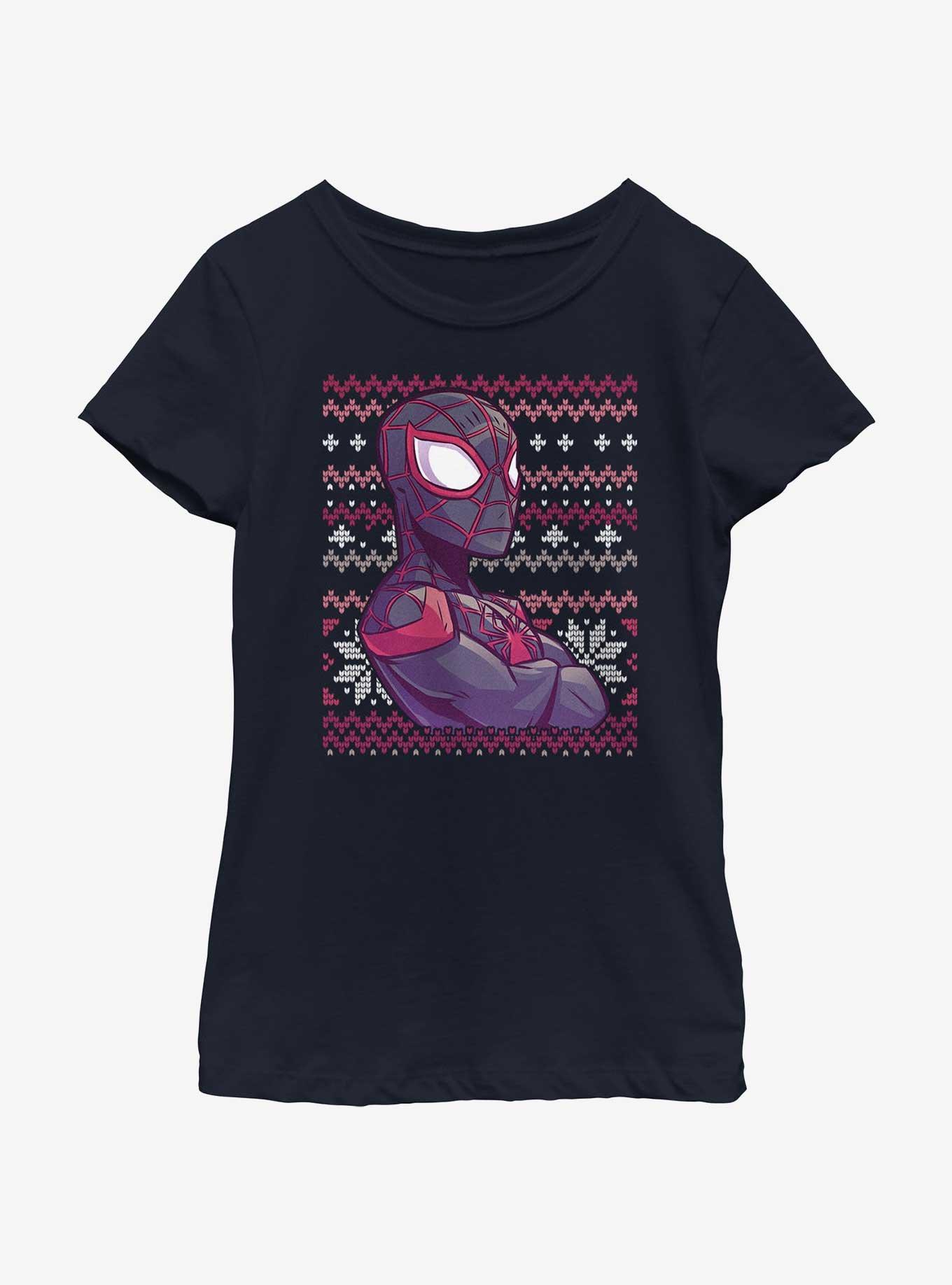 Marvel Spider-Man Miles Morales Ugly Christmas Youth Girls T-Shirt, NAVY, hi-res