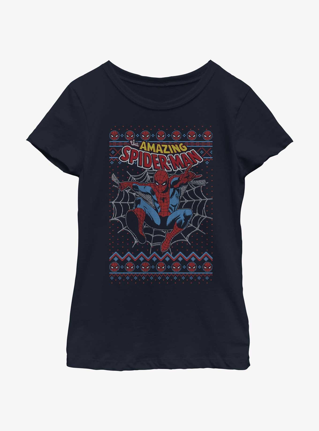 Marvel Spider-Man Web Jump Ugly Christmas Youth Girls T-Shirt, NAVY, hi-res