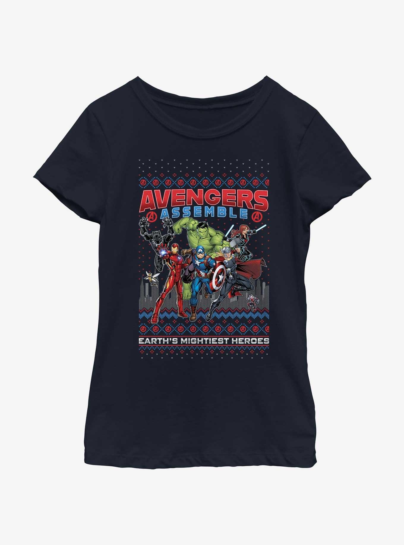 Marvel Avengers Assemble Ugly Christmas Youth Girls T-Shirt, NAVY, hi-res