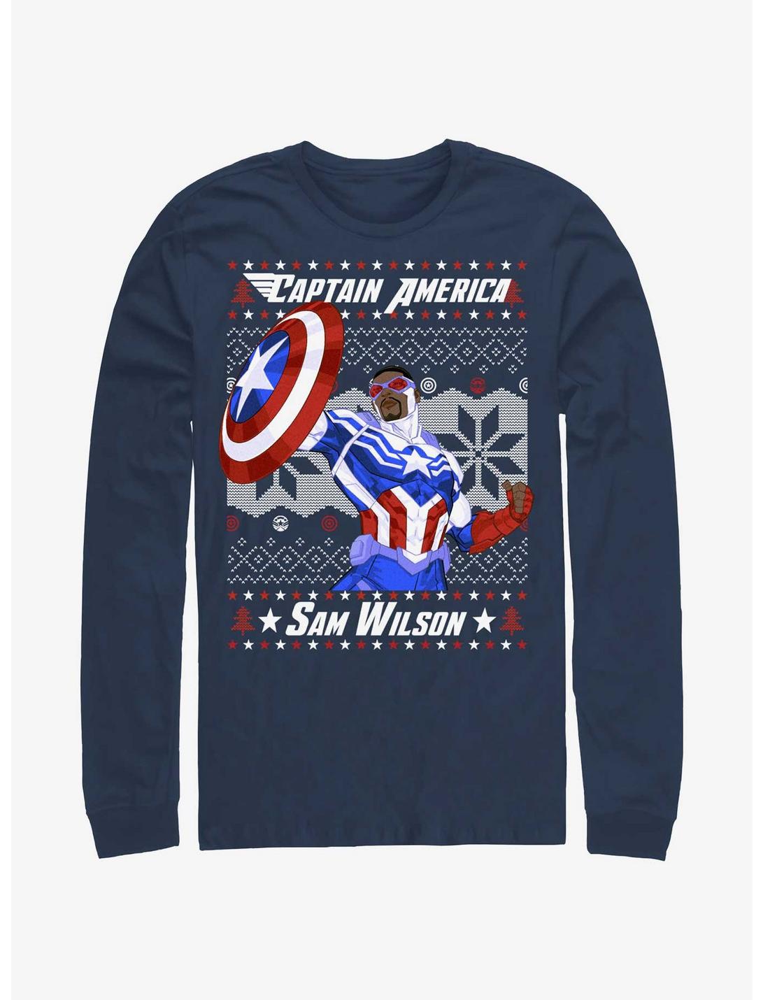 Marvel Captain America Sam Wilson Ugly Christmas Long-Sleeve T-Shirt, NAVY, hi-res