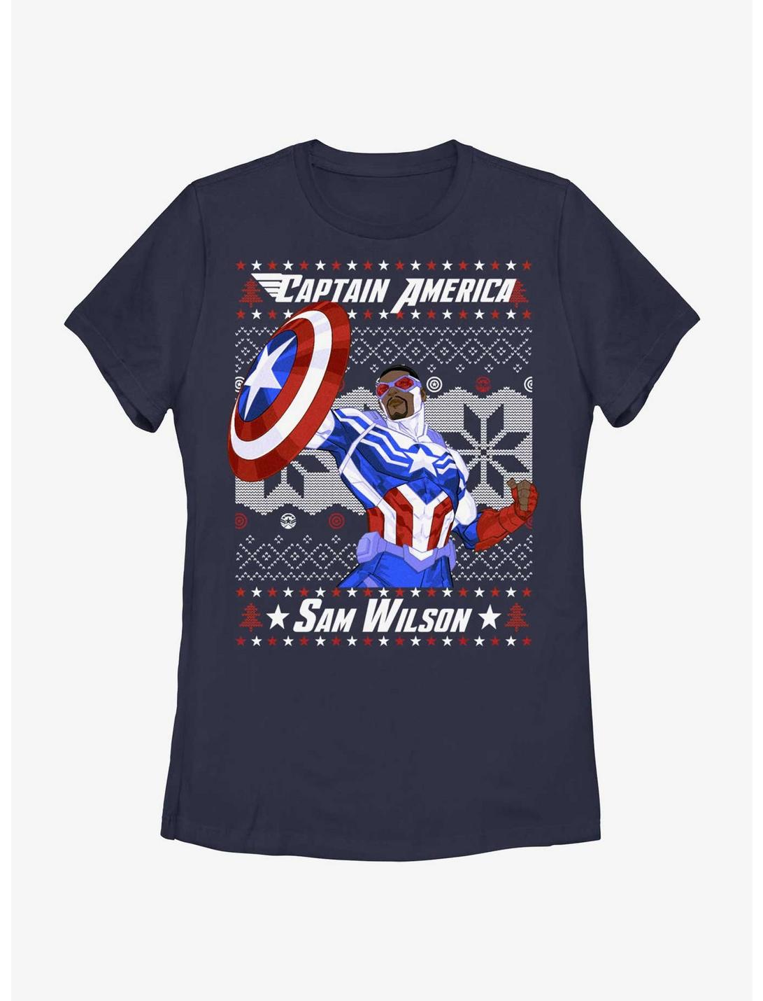 Marvel Captain America Sam Wilson Ugly Christmas Womens T-Shirt, NAVY, hi-res