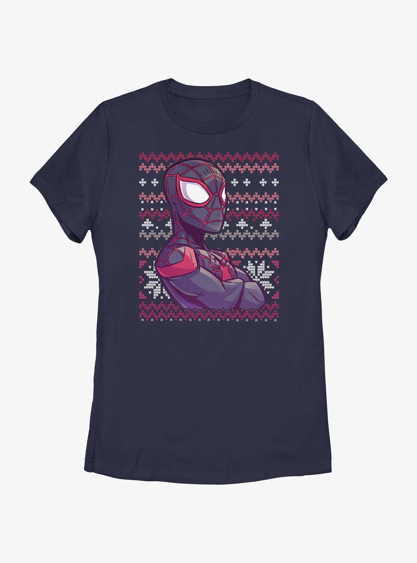 Marvel Spider-Man Miles Morales Ugly Christmas Womens T-Shirt, NAVY, hi-res view 1