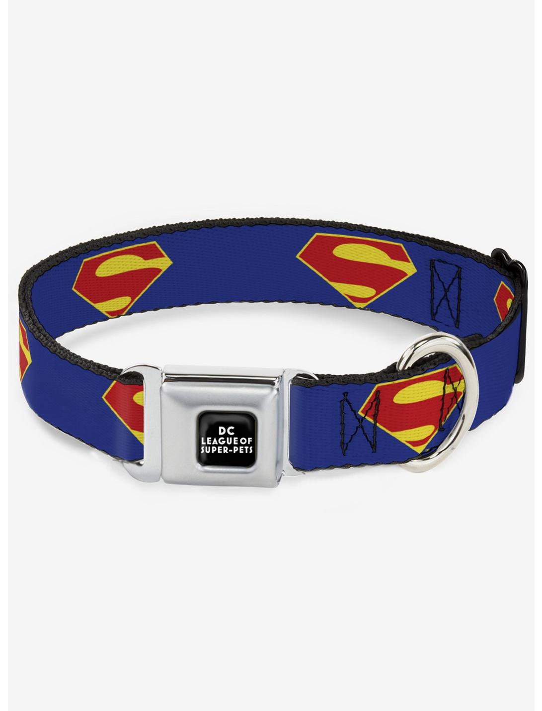 DC League Of Super-Pets Superman Shield Logo Seatbelt Buckle Pet Collar, BLUE, hi-res
