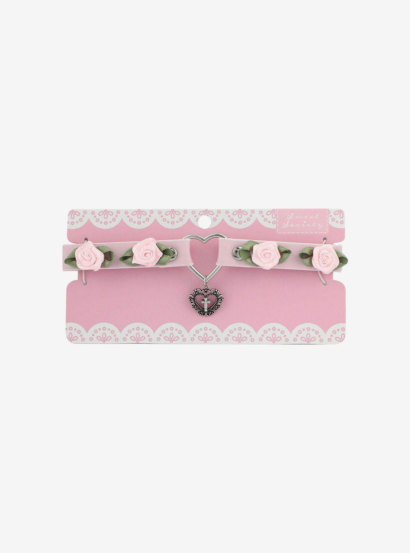 Sweet Society Pink Rose Heart Choker Hot Topic