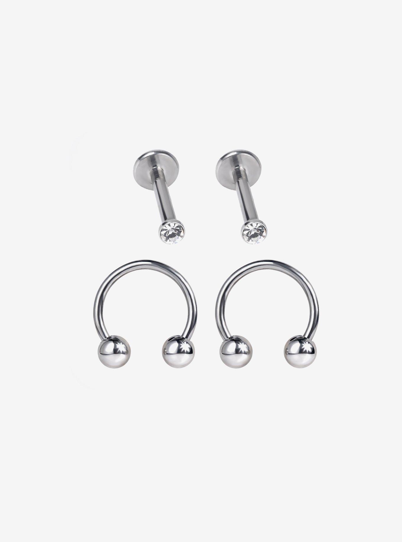 16G Steel Silver Lip CZ Jewel Stud & Circular Barbell 4 Pack, SILVER, hi-res