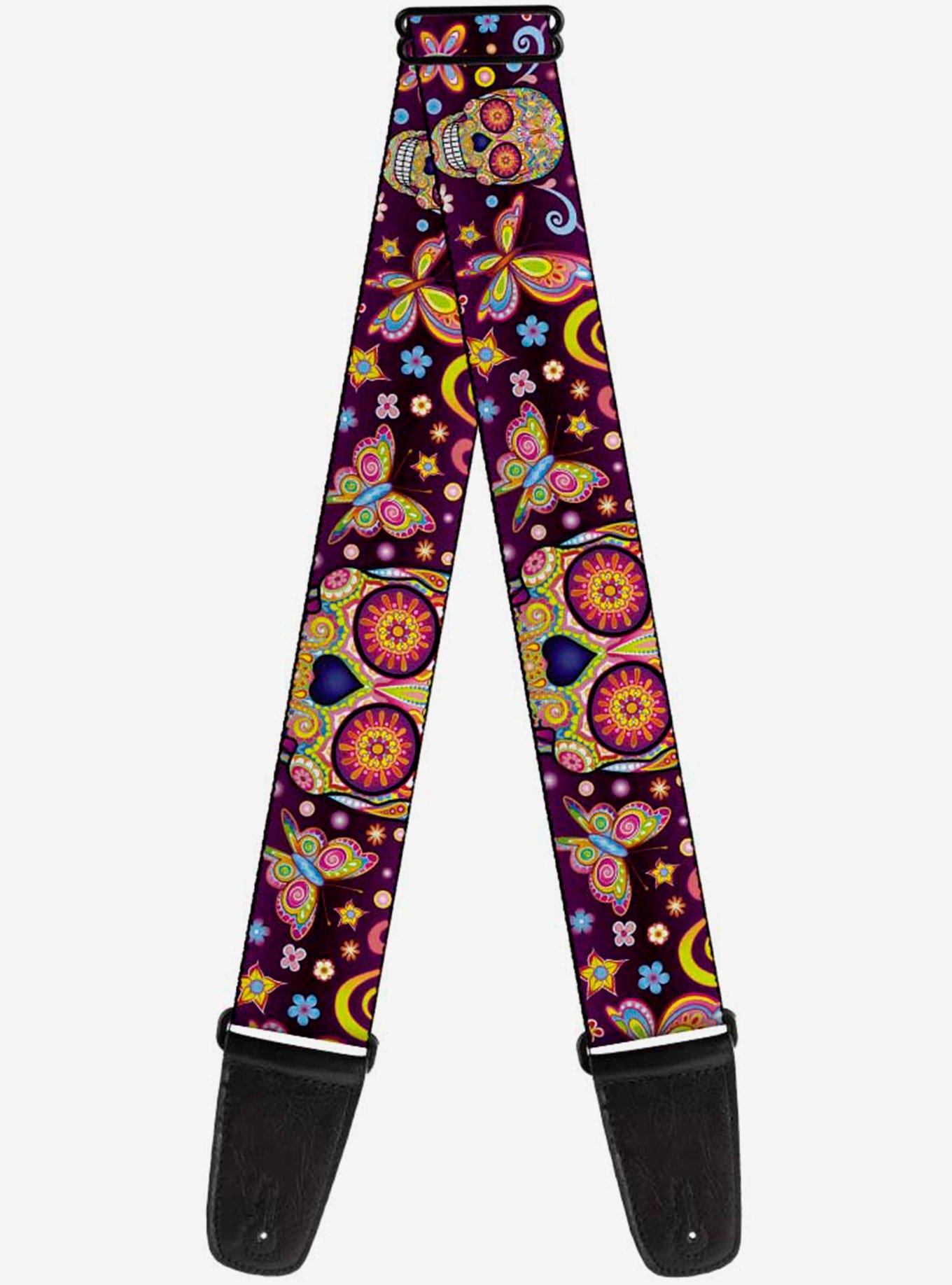 Mariposa Calaveras Butterflies Flowers Burgundy Multi Color Guitar Strap, , hi-res