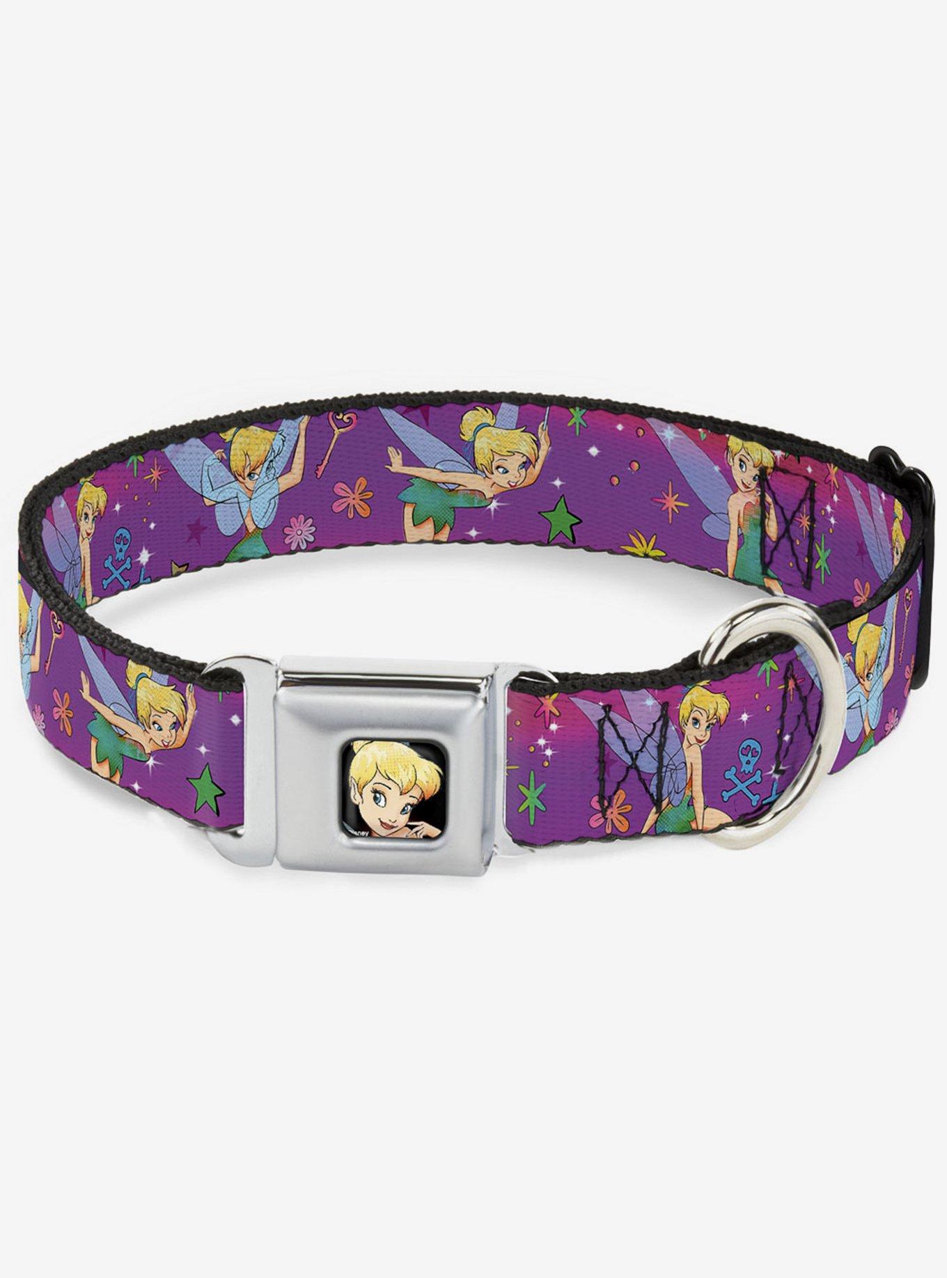 Disney Tinker Bell Flowers Stars Skull Seatbelt Buckle Dog Collar, PURPLE, hi-res