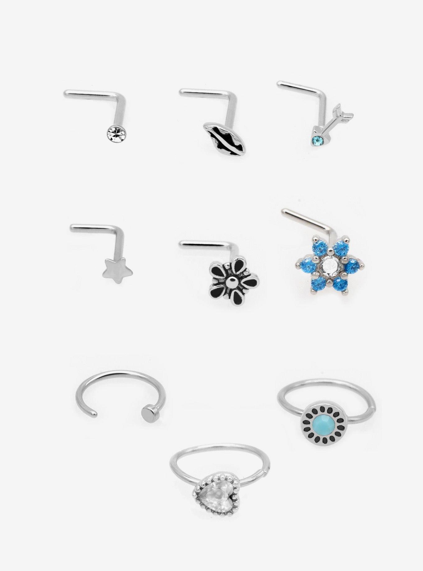 Steel Flower Boho Nose Stud & Hoop 9 Pack, SILVER, hi-res
