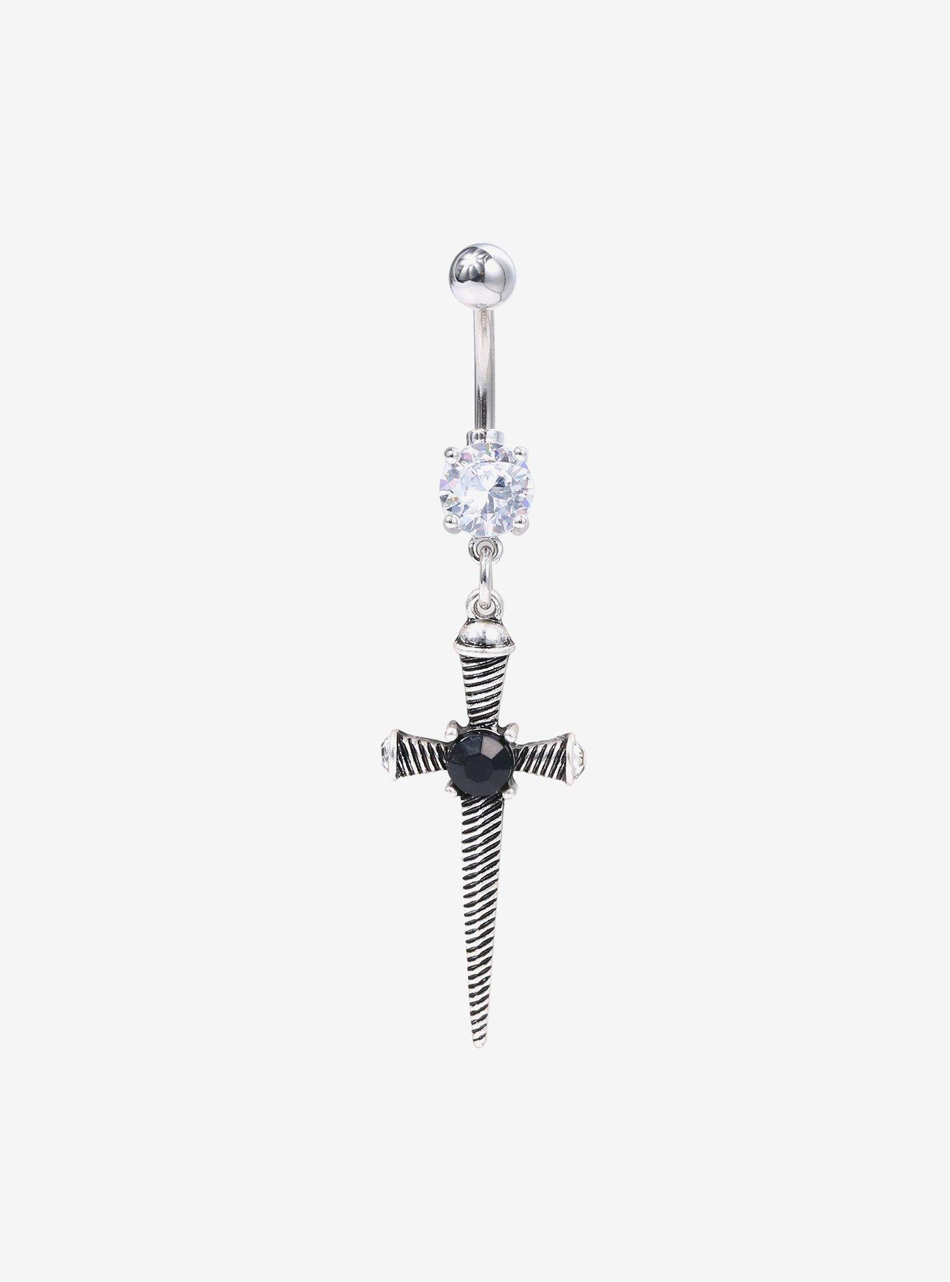 14G Steel Dagger Gem Navel Barbell, , hi-res