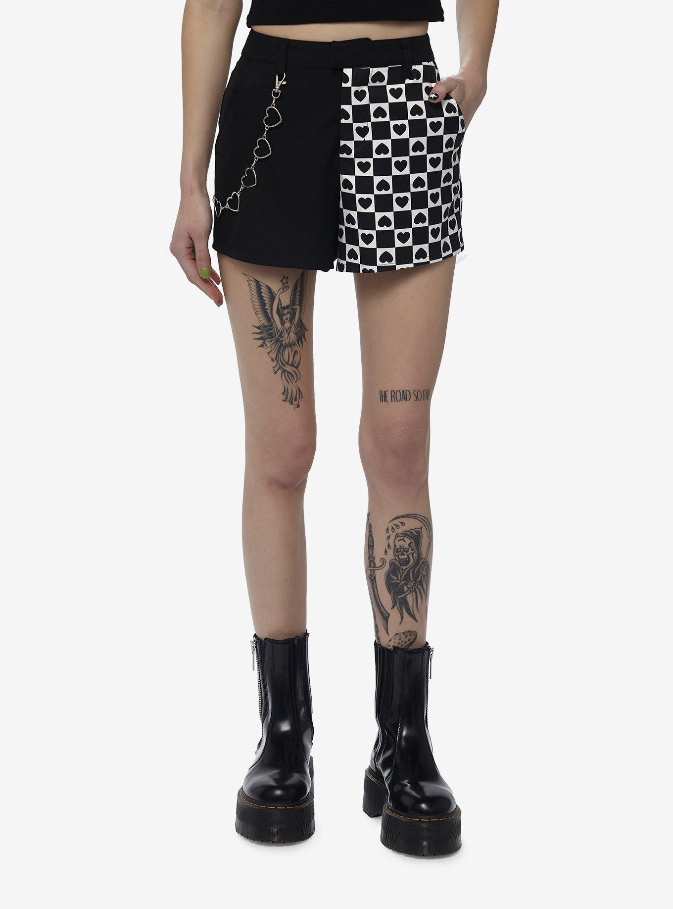 Black & White Checkered Split Chain Shorts, BLACK  WHITE, hi-res