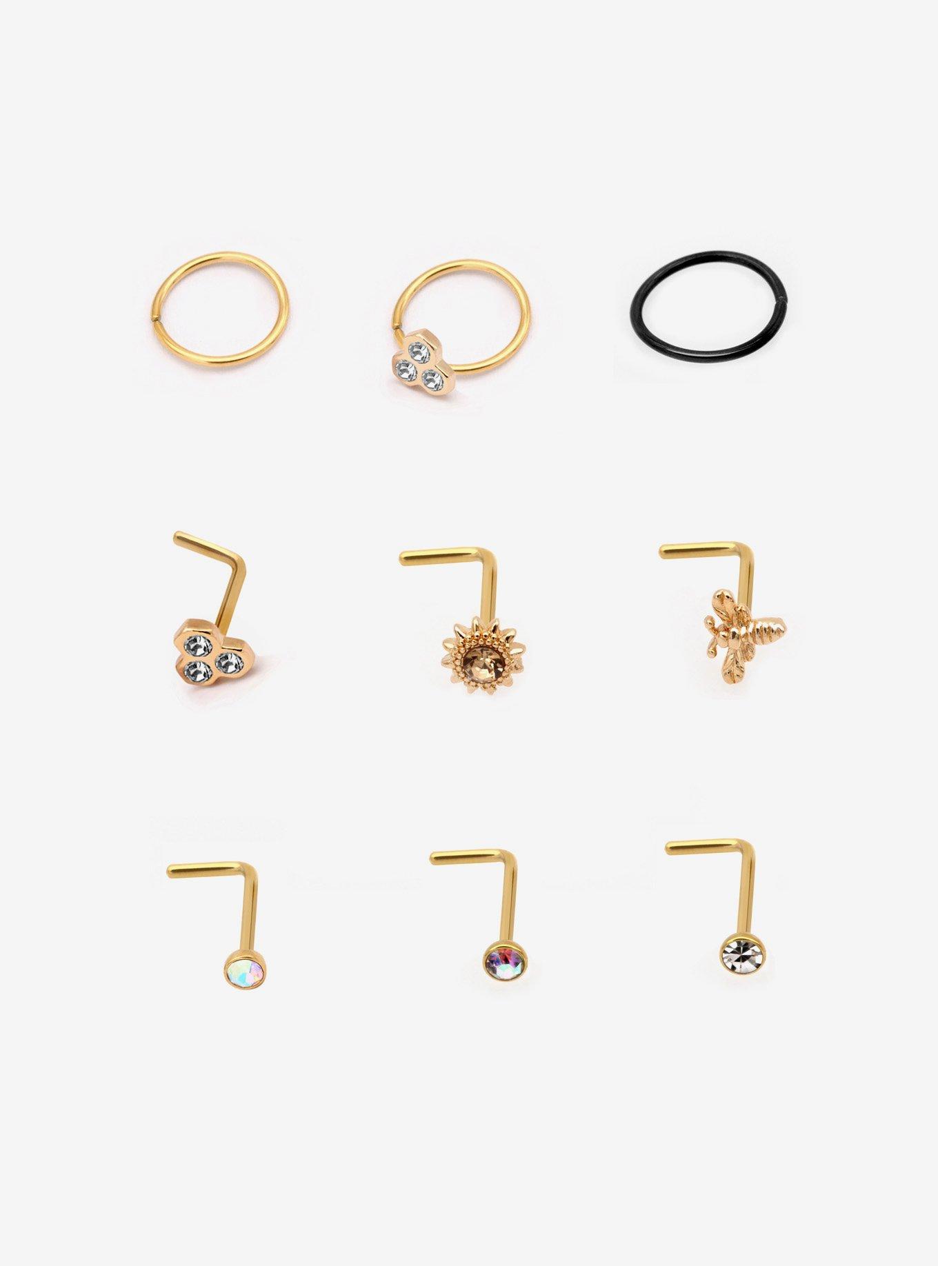 Steel Gold Sunflower & Bee Nose Stud & Hoop 9 Pack, GOLD, hi-res