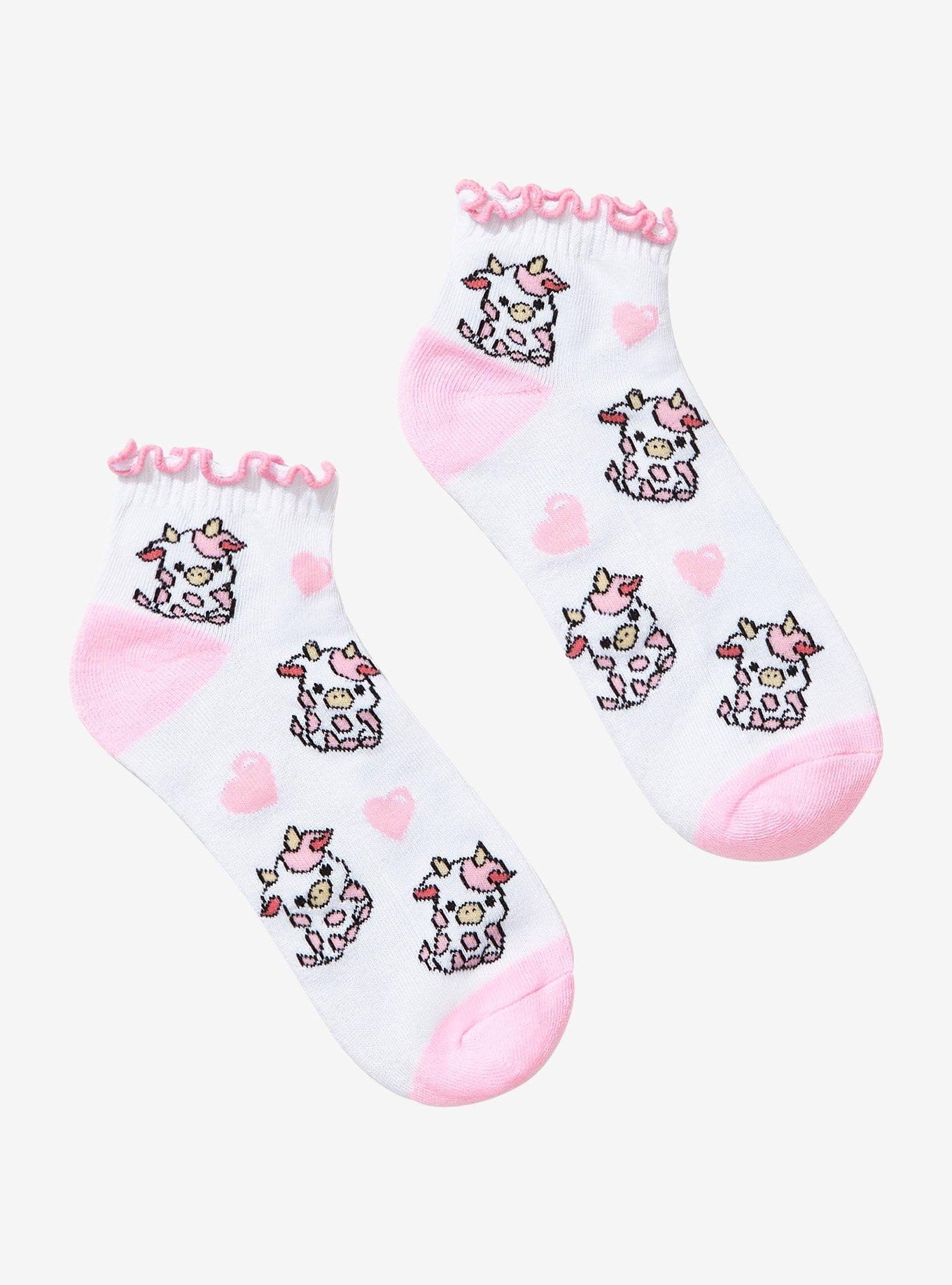 Pink Cow Heart Lettuce Trim Ankle Socks, , hi-res