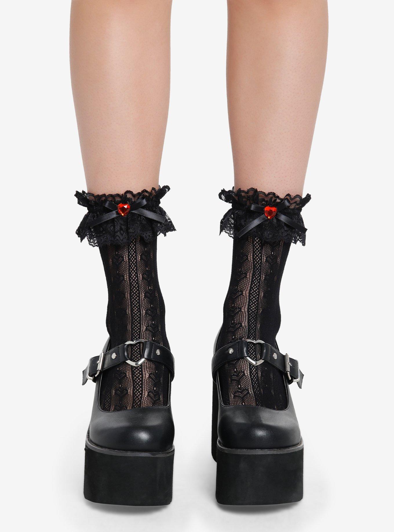 Heart Gem Black Lace Mesh Ankle Socks, , hi-res