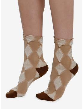 Brown Argyle Textured Ankle Socks, , hi-res