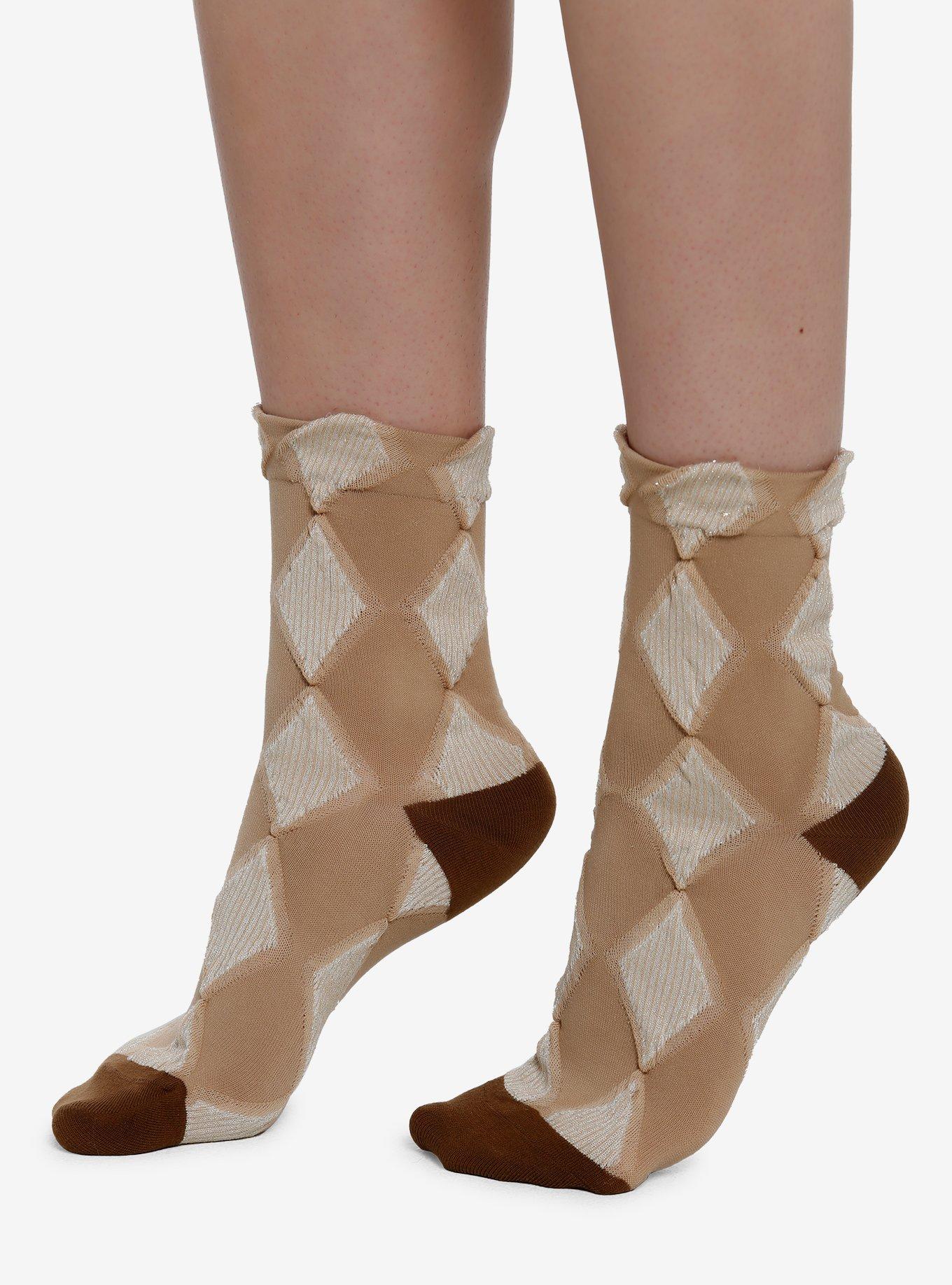 Brown Argyle Textured Ankle Socks, , hi-res