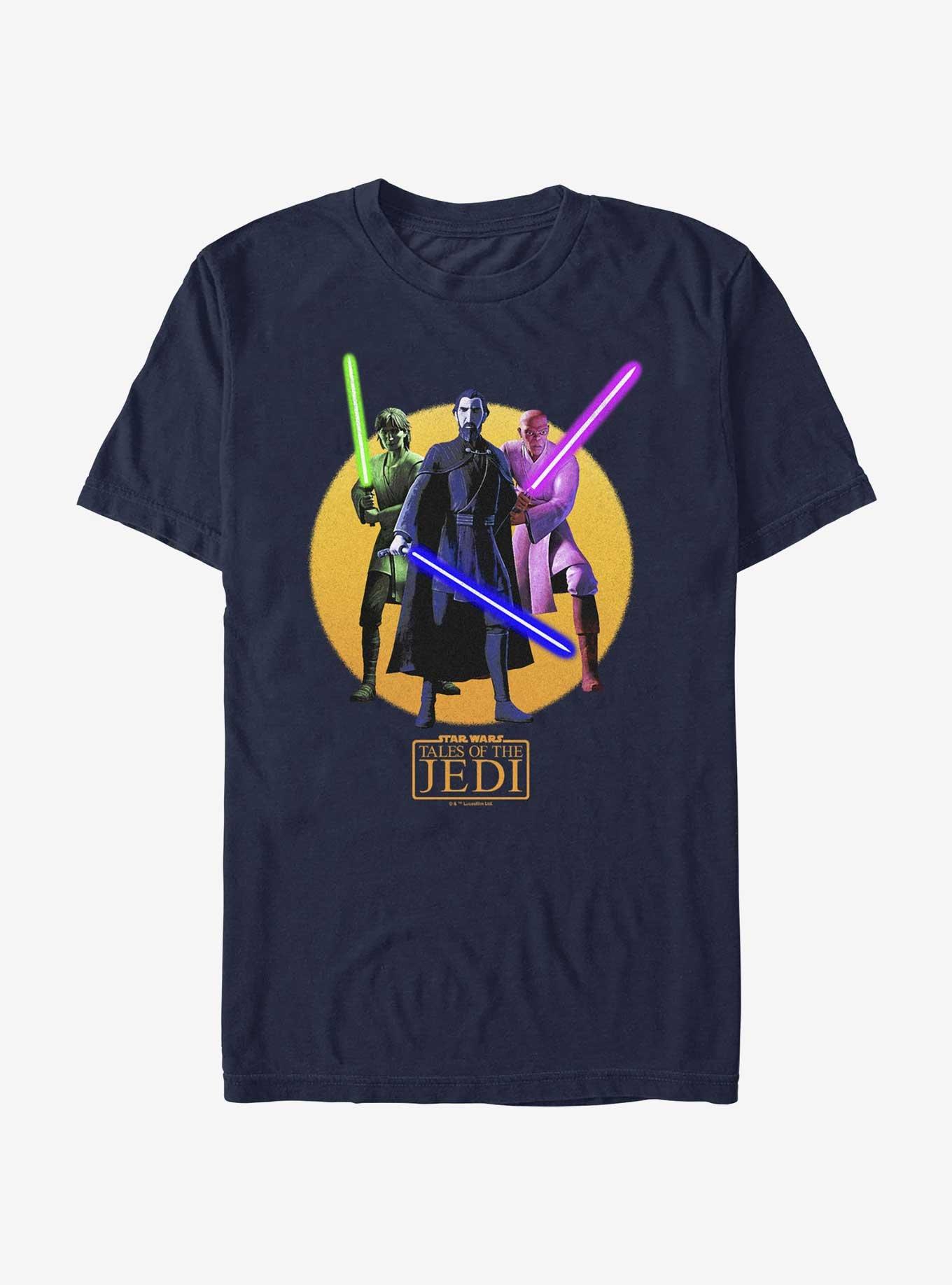 Star Wars: Tales of the Jedi Count Dooku, Qui-Gon Jinn, and Mace Windu T-Shirt, NAVY, hi-res