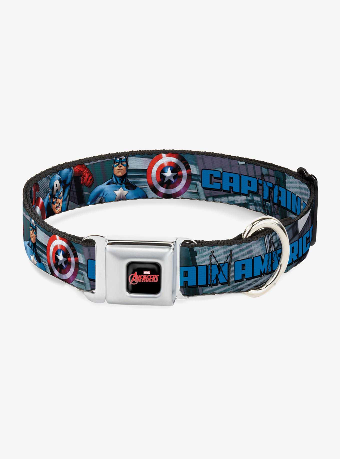Marvel Captain America Avengers Logo Cityscape Seatbelt Buckle Dog Collar, , hi-res