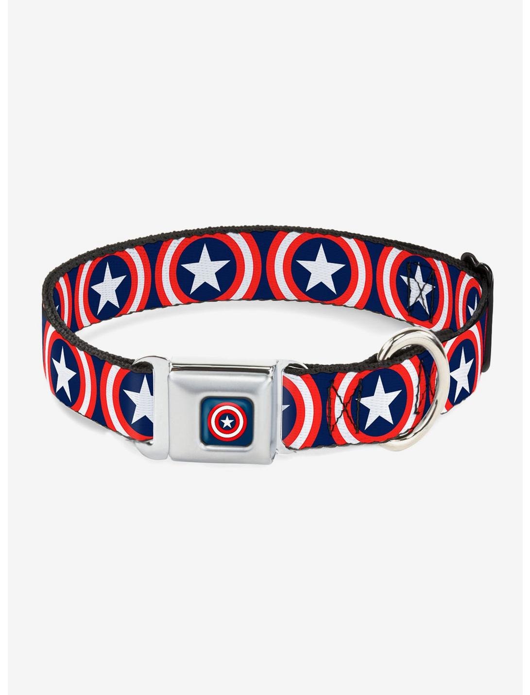 Marvel Captain America Shield Repeat Seatbelt Buckle Dog Collar, BLUE, hi-res