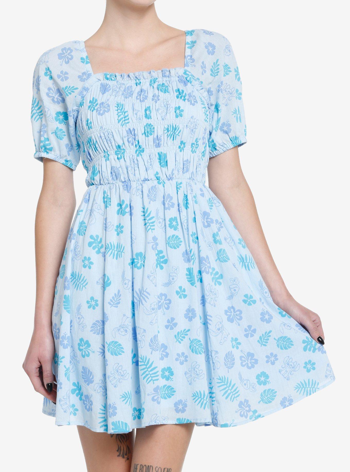 Disney Stitch Floral Smocked Dress, BLUE, hi-res