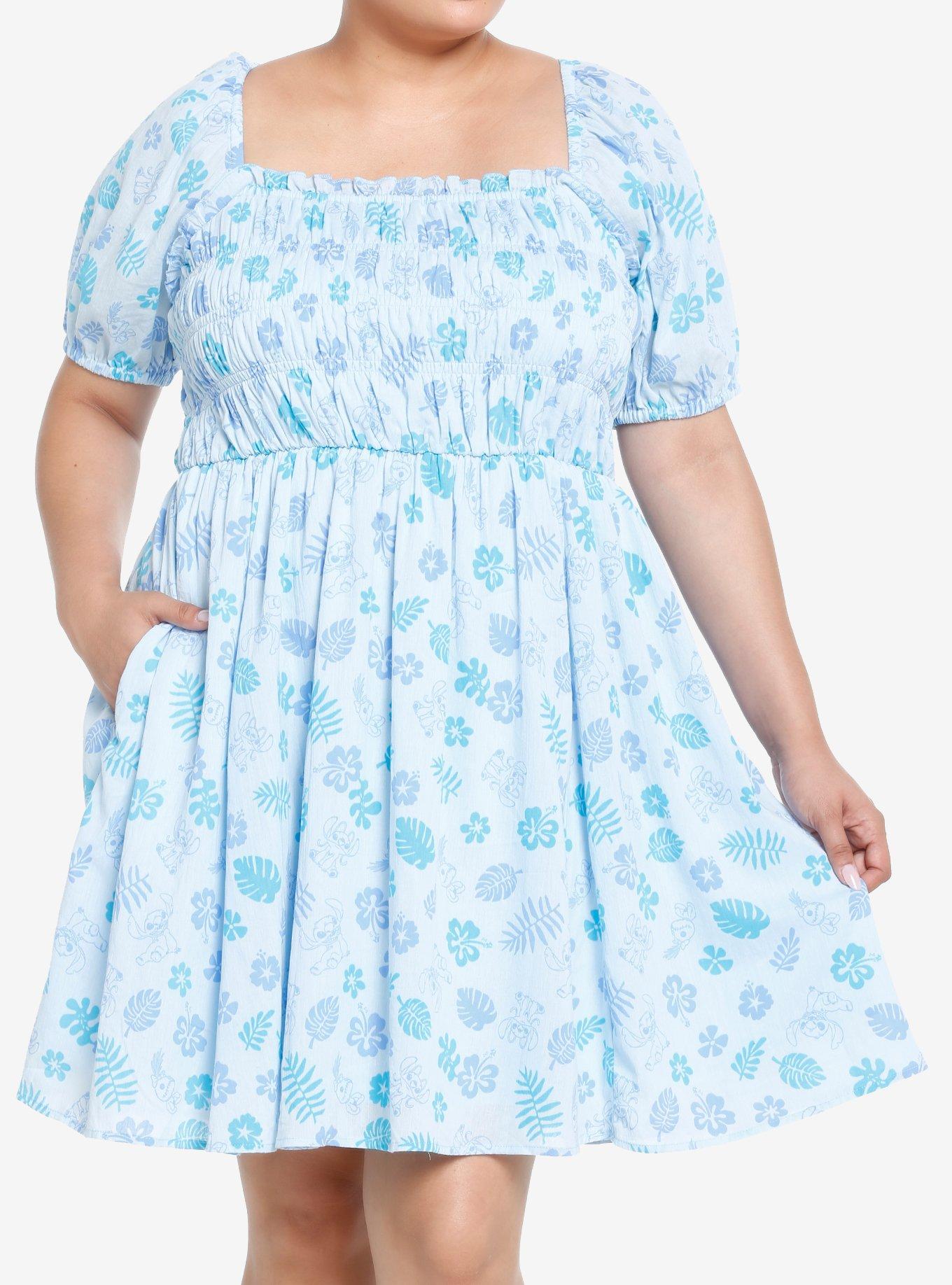 Disney Stitch Floral Smocked Dress Plus Size, BLUE, hi-res