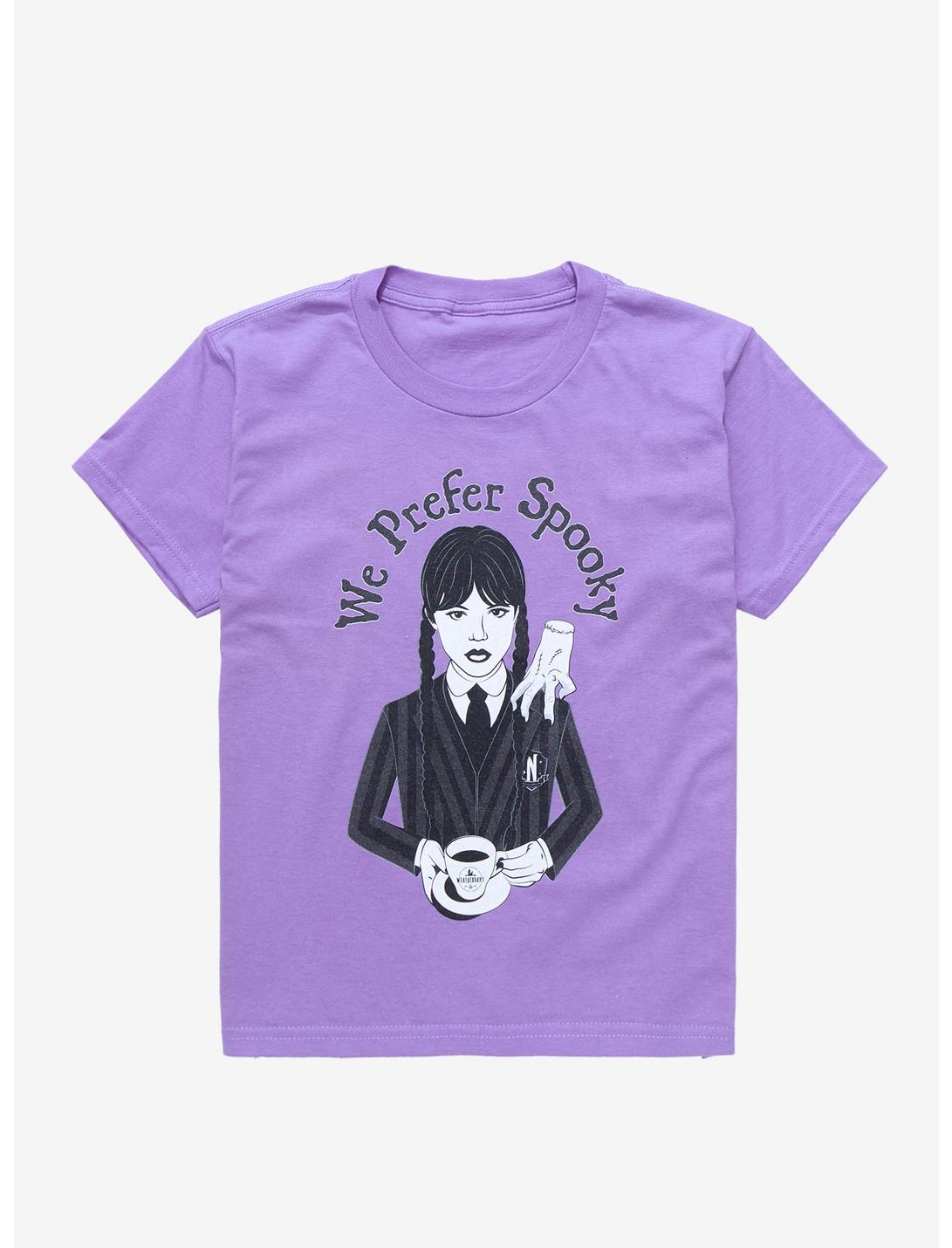 Wednesday We Prefer Spooky Youth T-Shirt - BoxLunch Exclusive, LAVENDER, hi-res