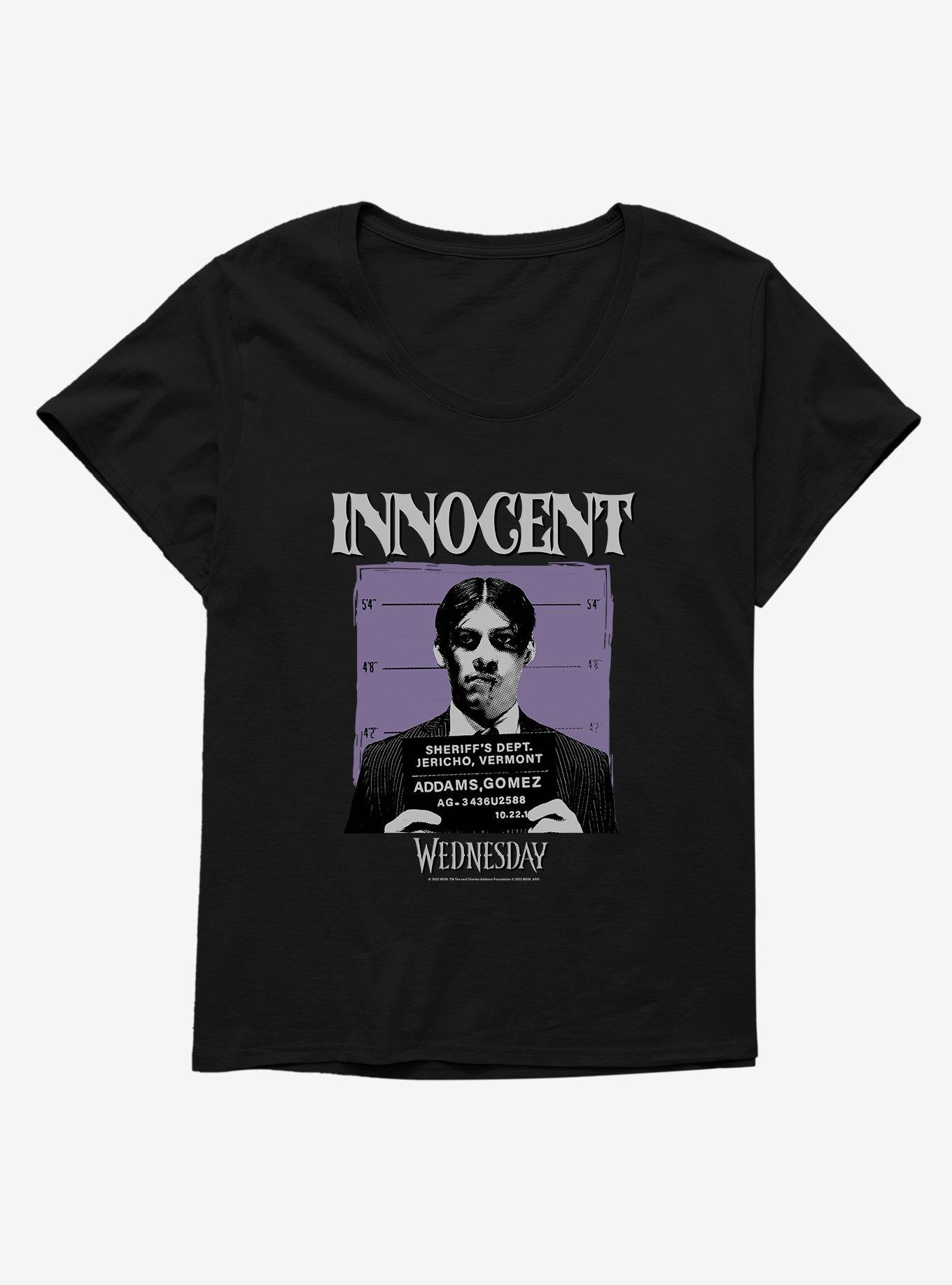 Wednesday Innocent Gomez Mug Shot Womens T-Shirt Plus Size, BLACK, hi-res