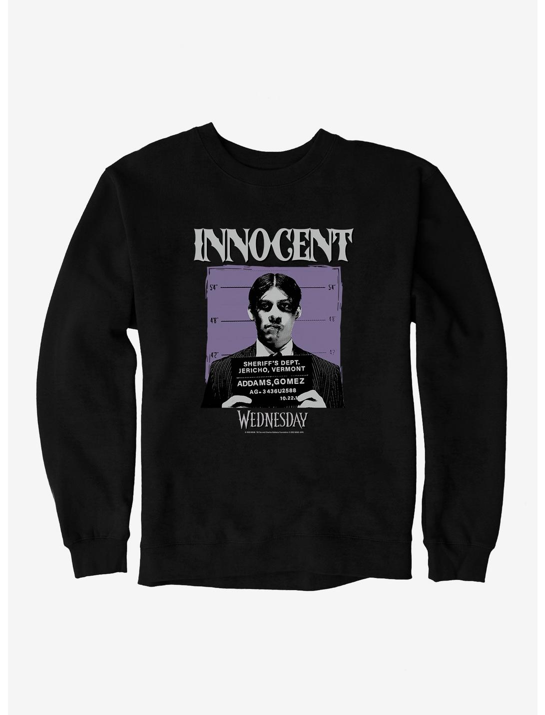 Wednesday Innocent Gomez Mug Shot Sweatshirt, BLACK, hi-res