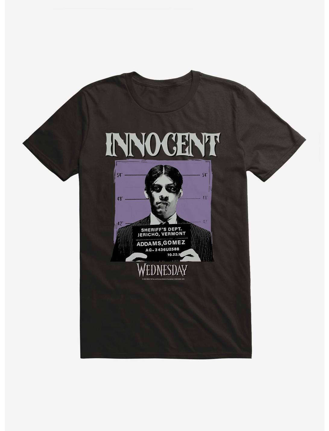 Wednesday Innocent Gomez Mug Shot T-Shirt, BLACK, hi-res