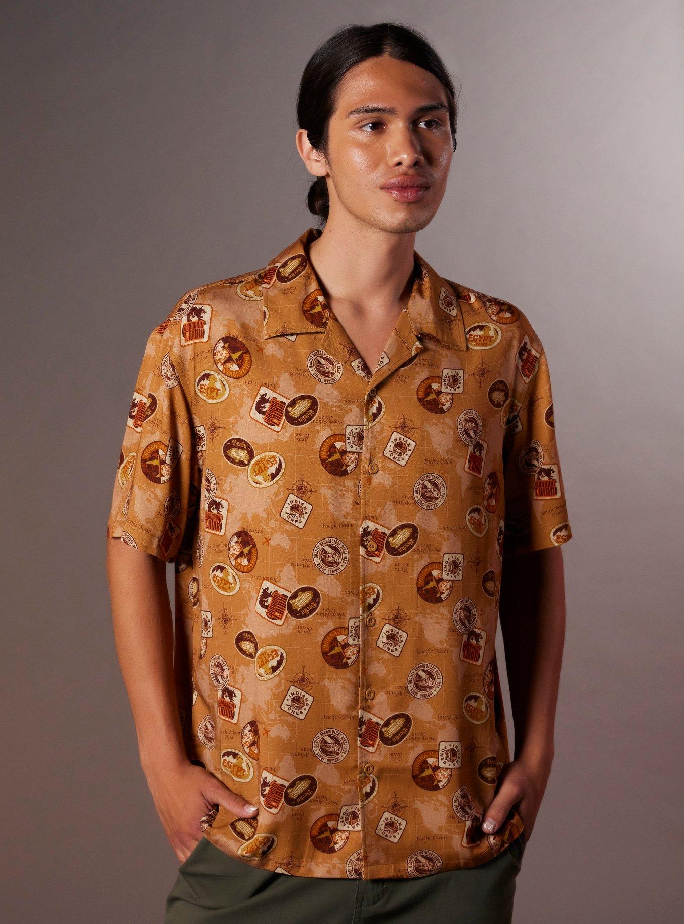 Our Universe Indiana Jones Travel Stickers Woven Button-Up, BROWN, hi-res