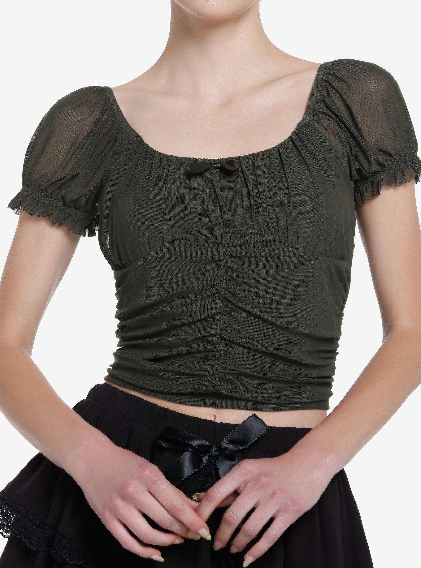 Thorn & Fable Olive Green Ruched Girls Top, FOREST NIGHT, hi-res