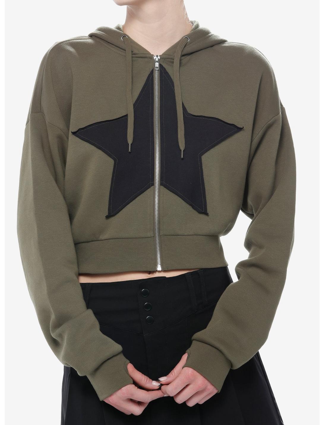 Social Collision Green Star Girls Crop Hoodie, FOREST GREEN, hi-res