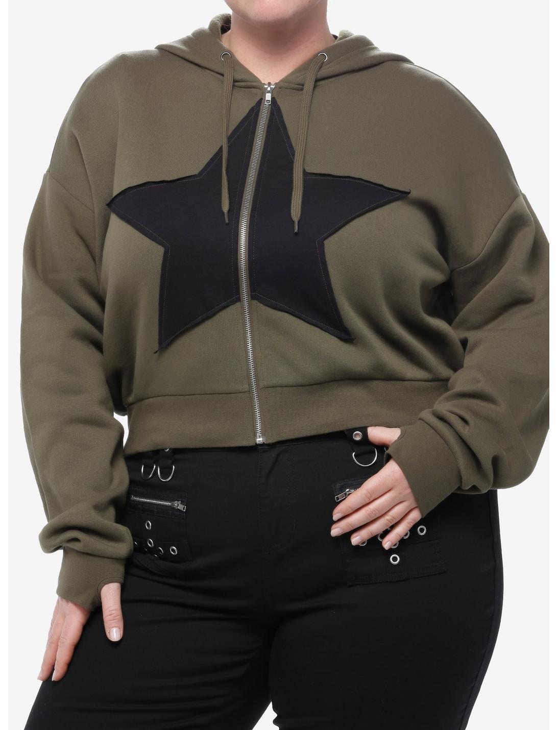 Social Collision Green Star Girls Crop Hoodie Plus Size, FOREST GREEN, hi-res