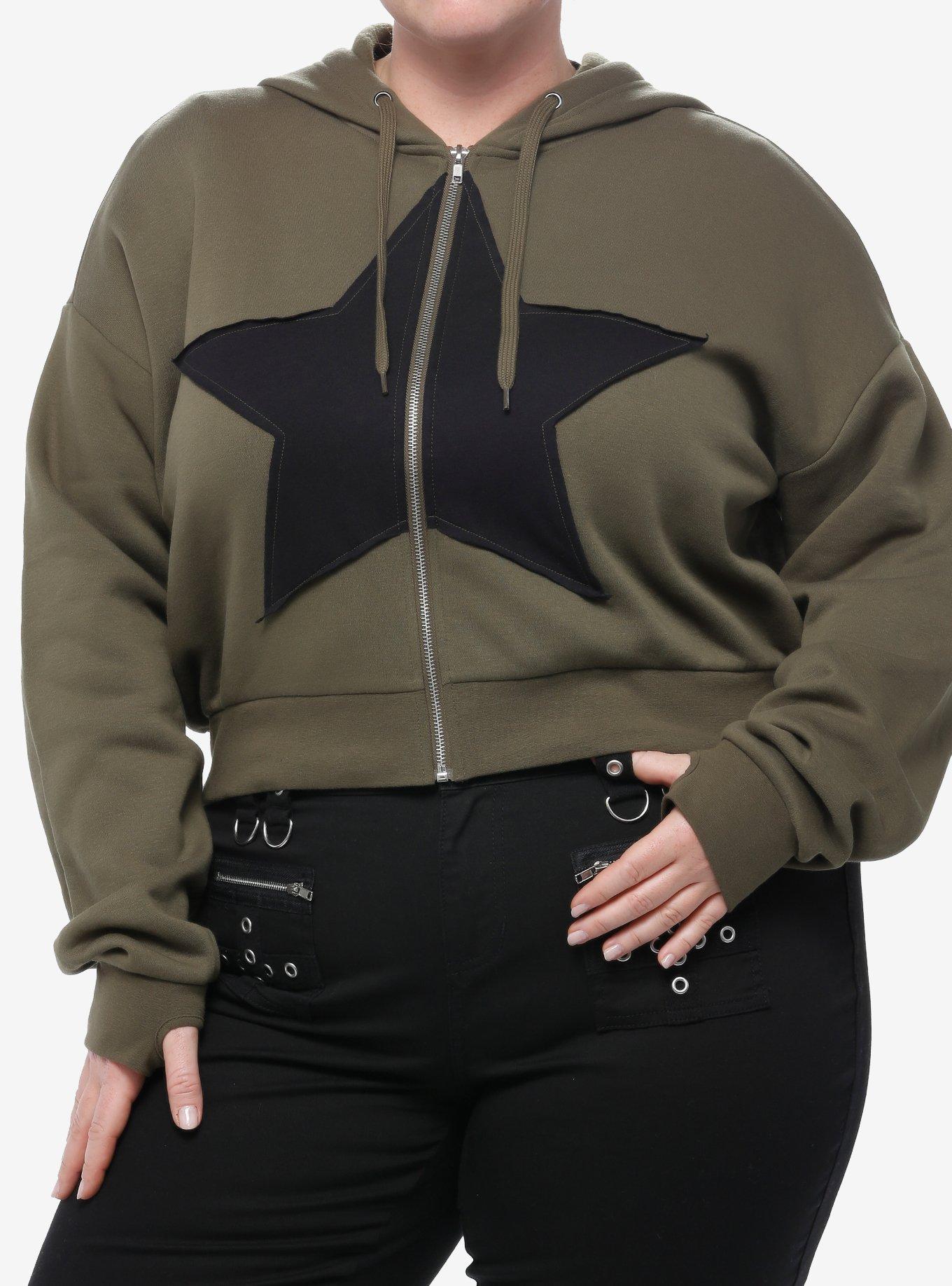 Social Collision Green Star Girls Crop Hoodie Plus Size, FOREST GREEN, hi-res