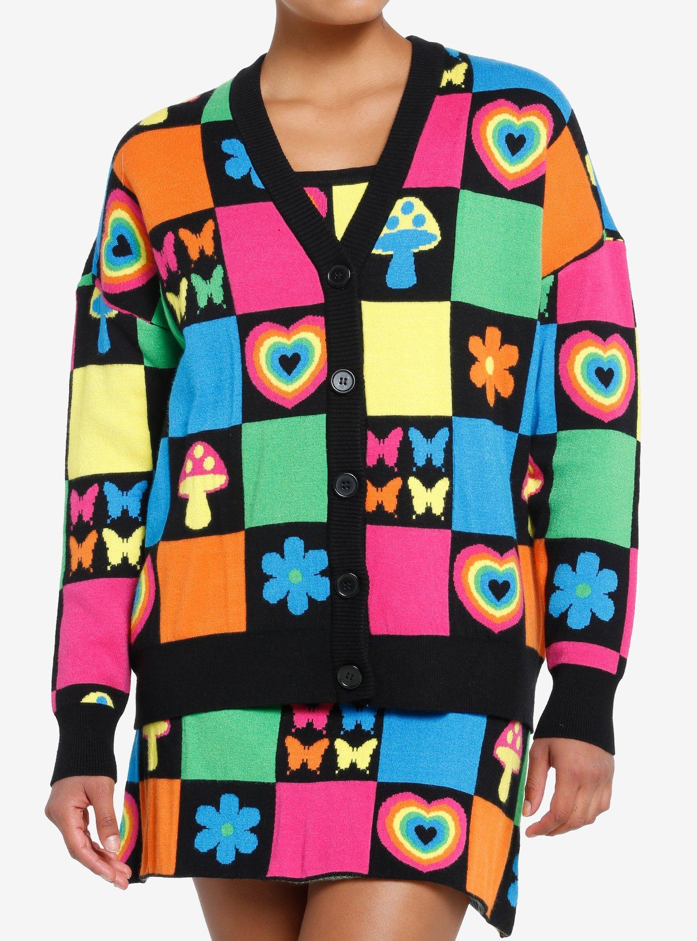 Social Collision Rainbow Retro Patchwork Knit Girls Cardigan, PATCHWORK, hi-res