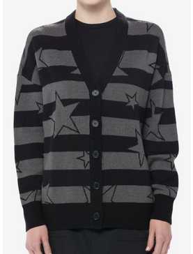 Social Collision Black & Grey Stripe Star Girls Cardigan, , hi-res