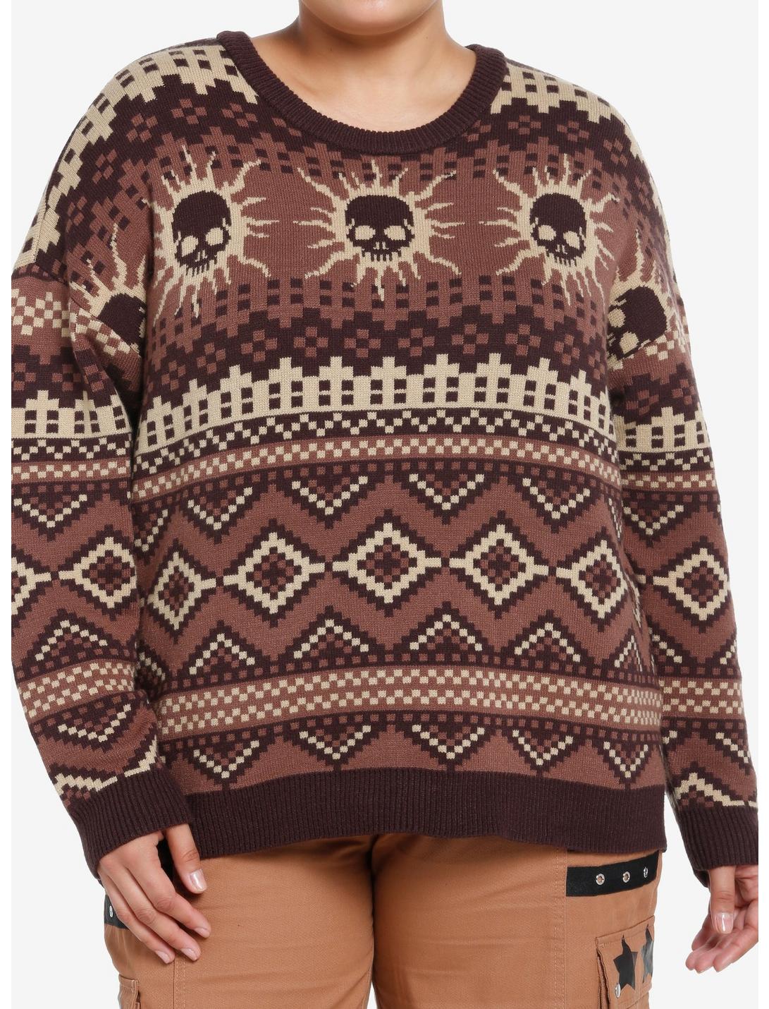 Social Collision Skull Suns Fair Isle Girls Sweater Plus Size, MULTI, hi-res